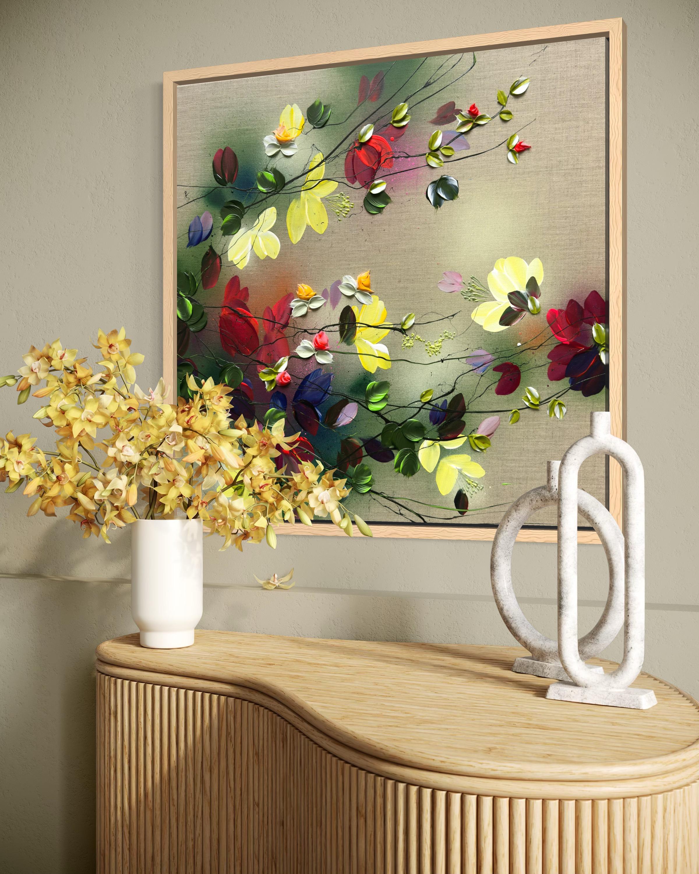 Scents of Autumn III -  impressionistic painting on linen canvas with 3d roses For Sale 1