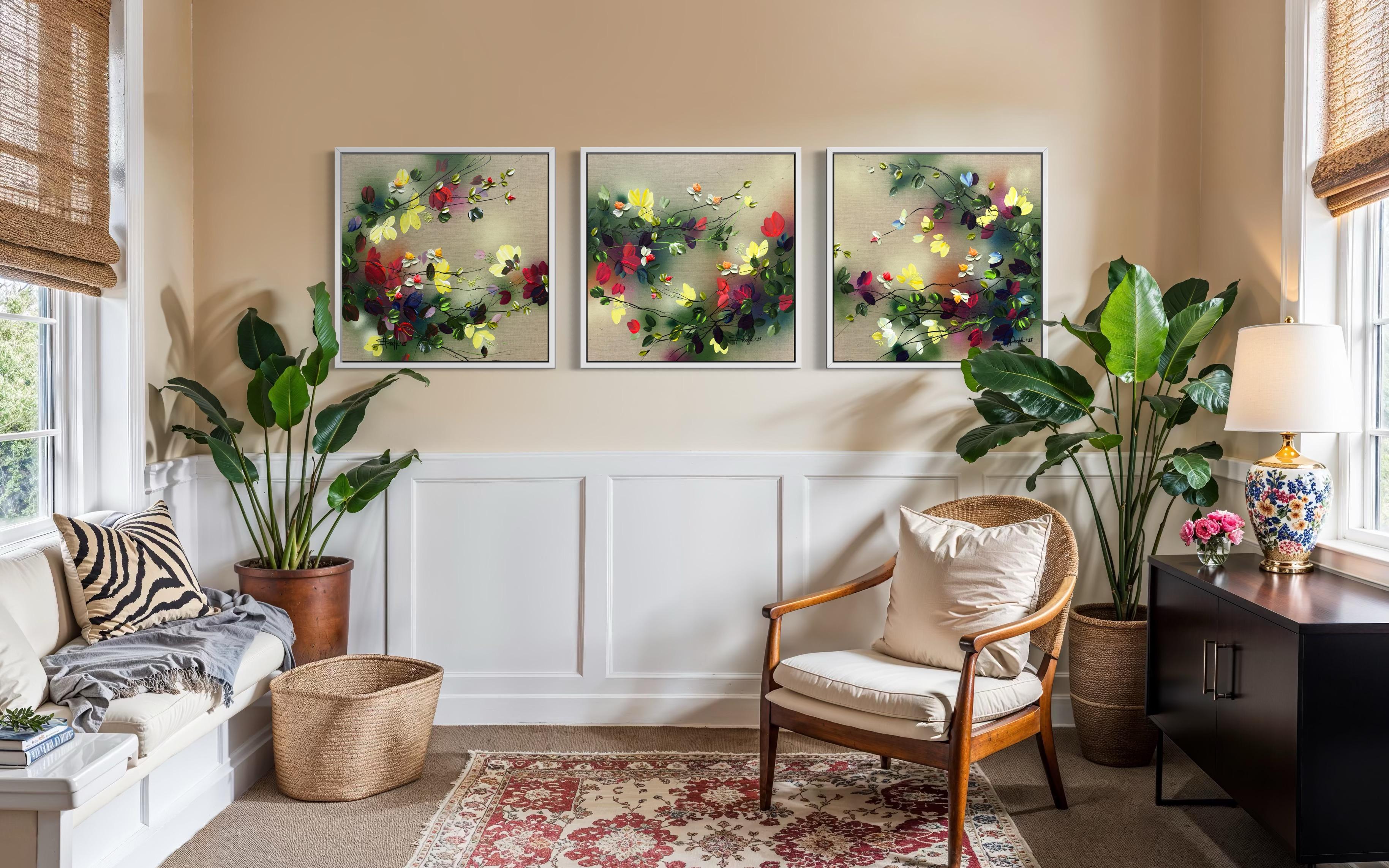 Scents of Autumn III -  impressionistic painting on linen canvas with 3d roses For Sale 2