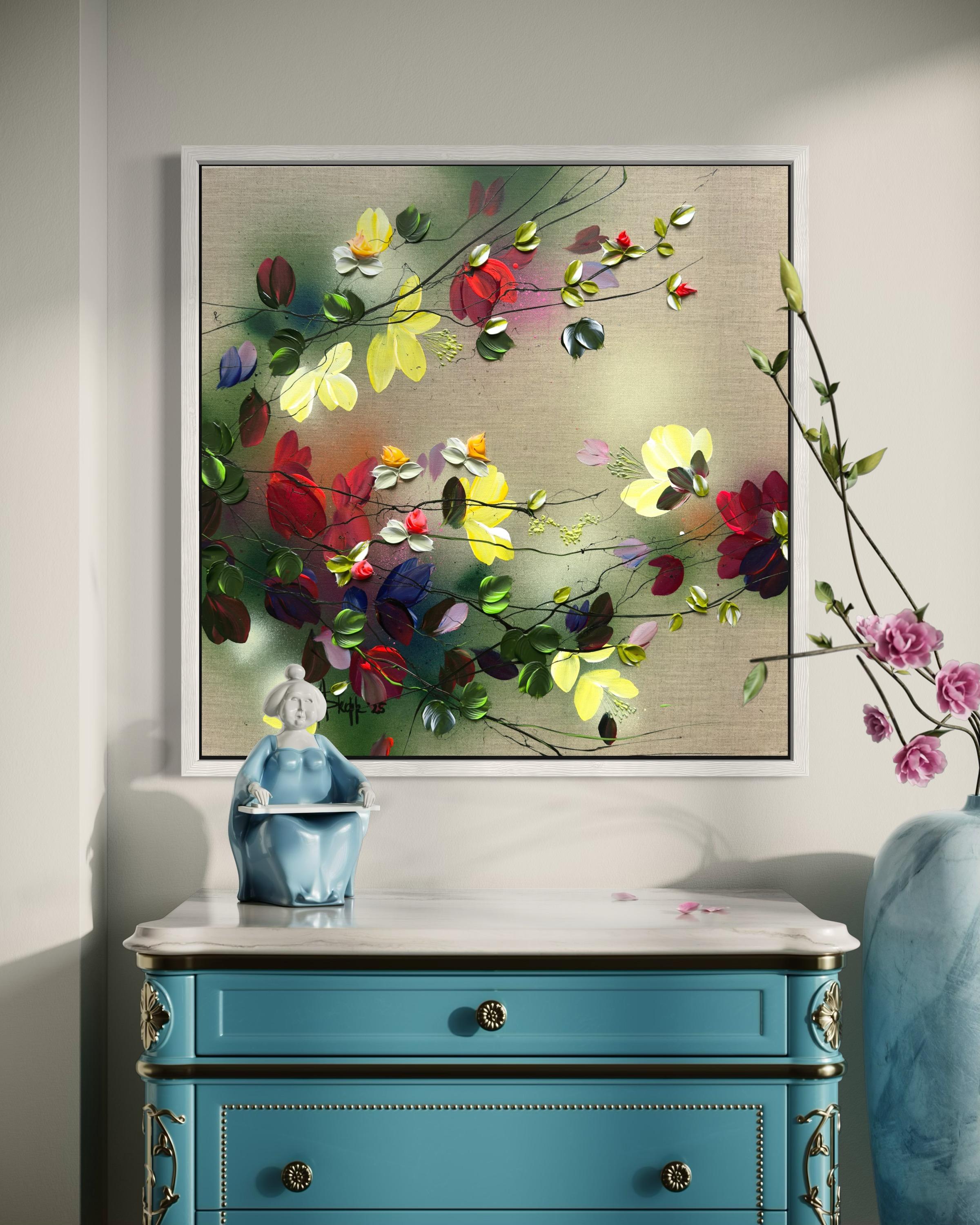 Scents of Autumn III -  impressionistic painting on linen canvas with 3d roses For Sale 3