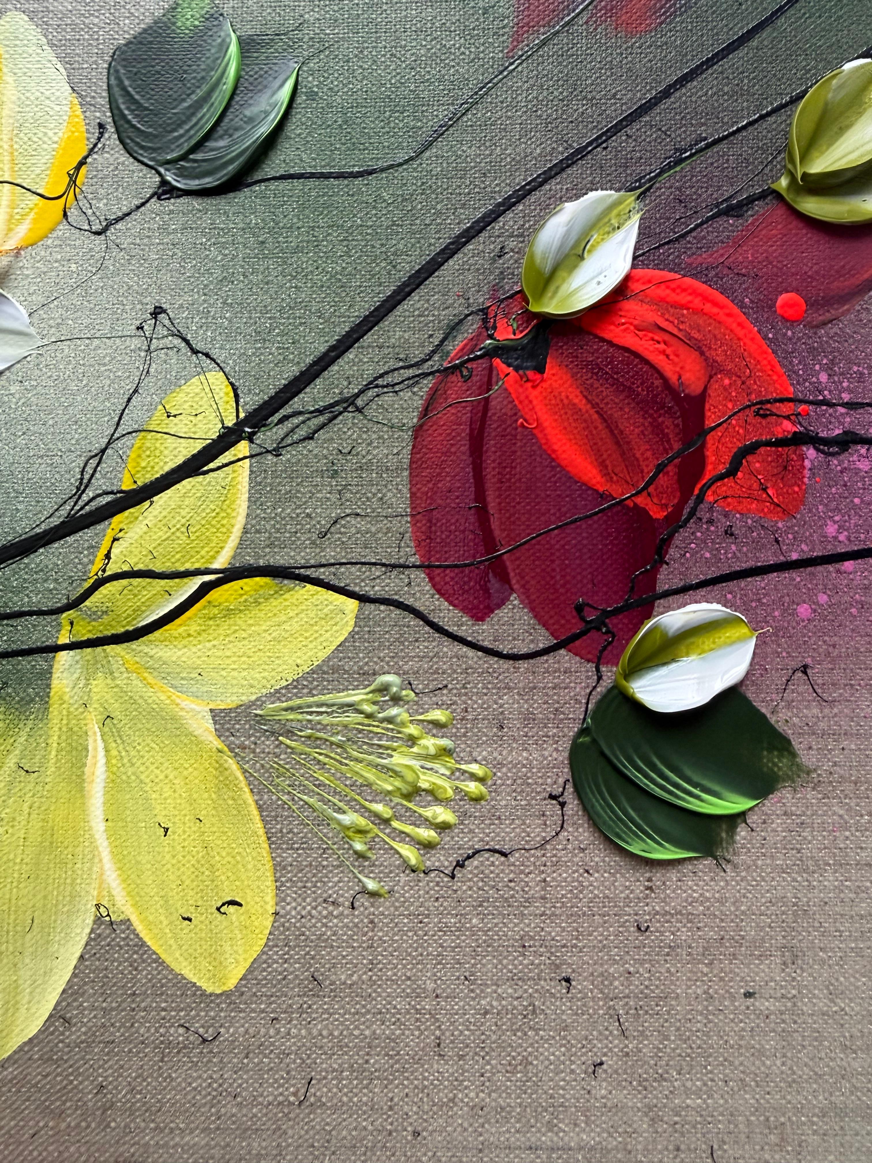 Scents of Autumn III -  impressionistic painting on linen canvas with 3d roses For Sale 4