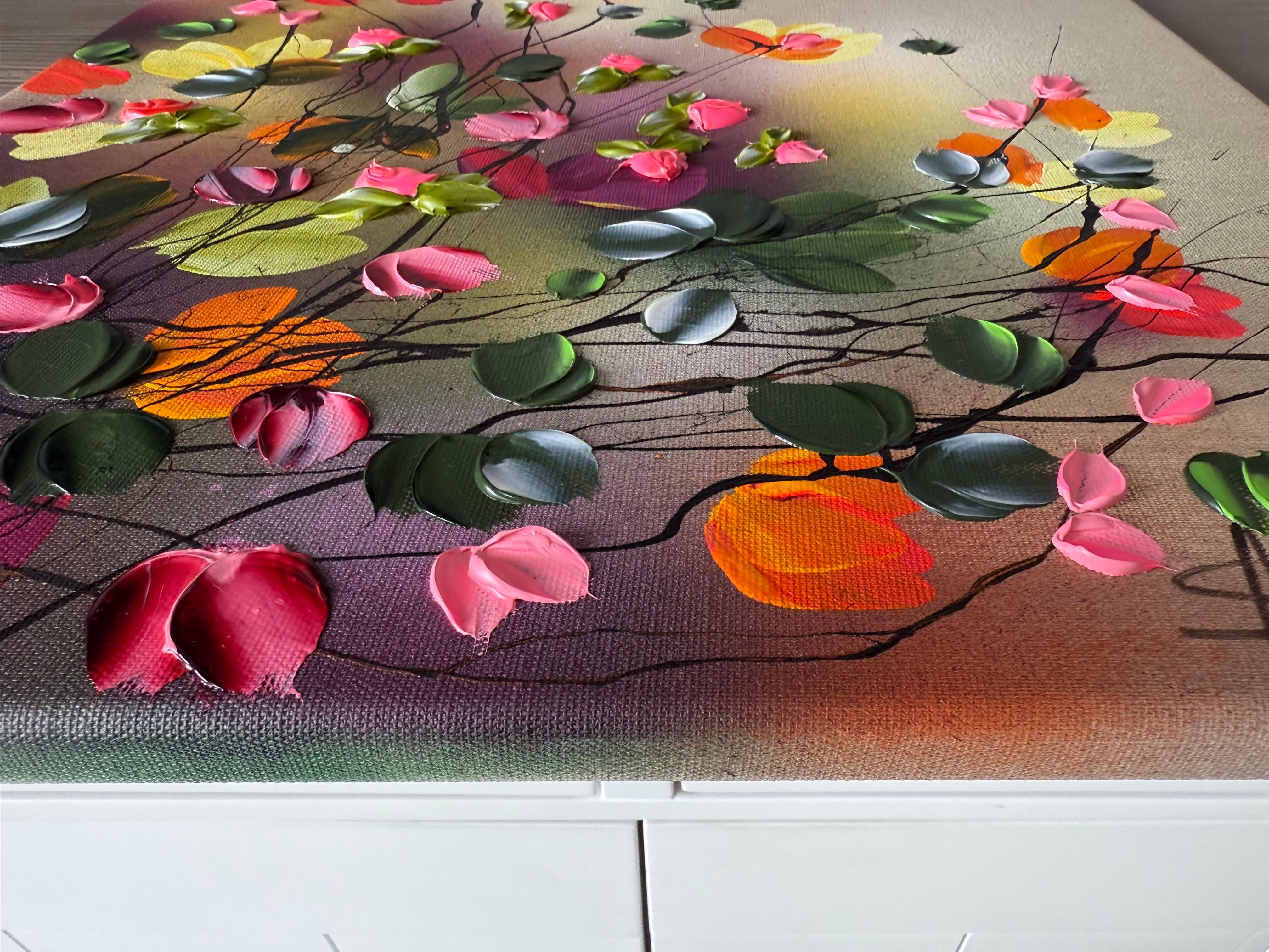 September Palette - colorful impressionistic painting linen canvas 3d roses For Sale 5