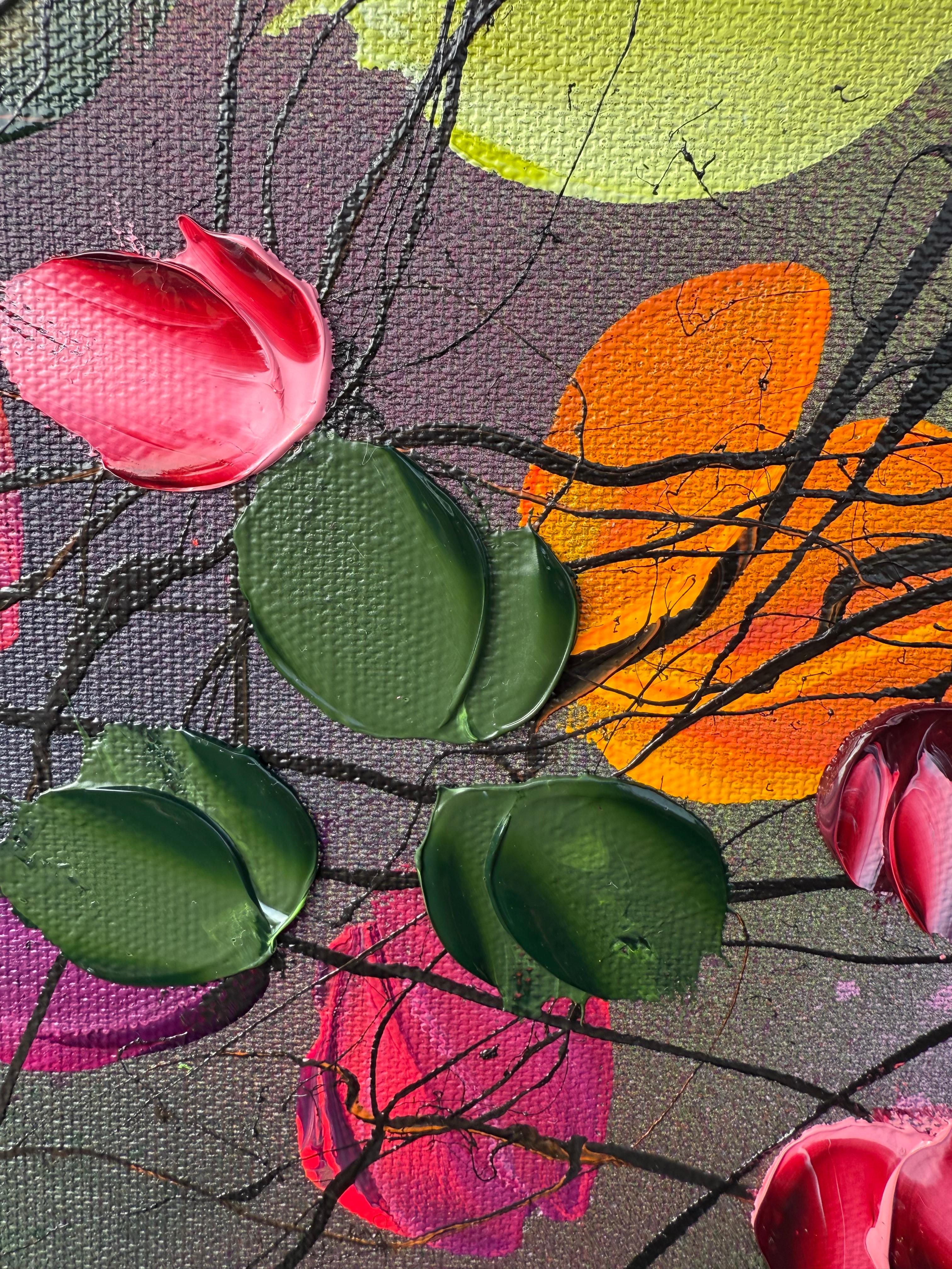September Palette - colorful impressionistic painting linen canvas 3d roses For Sale 6