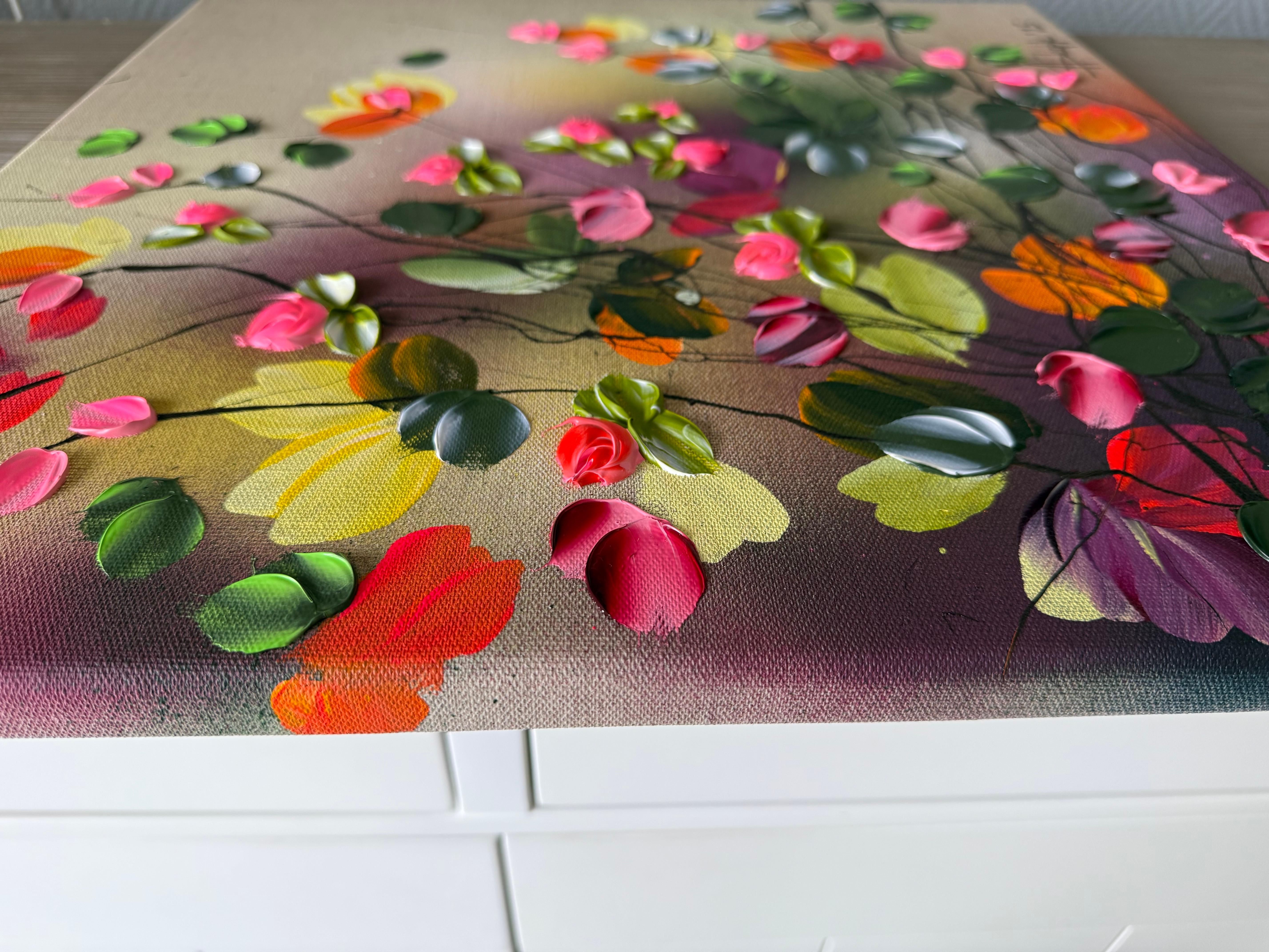September Palette - colorful impressionistic painting linen canvas 3d roses - Painting by Anastassia Skopp