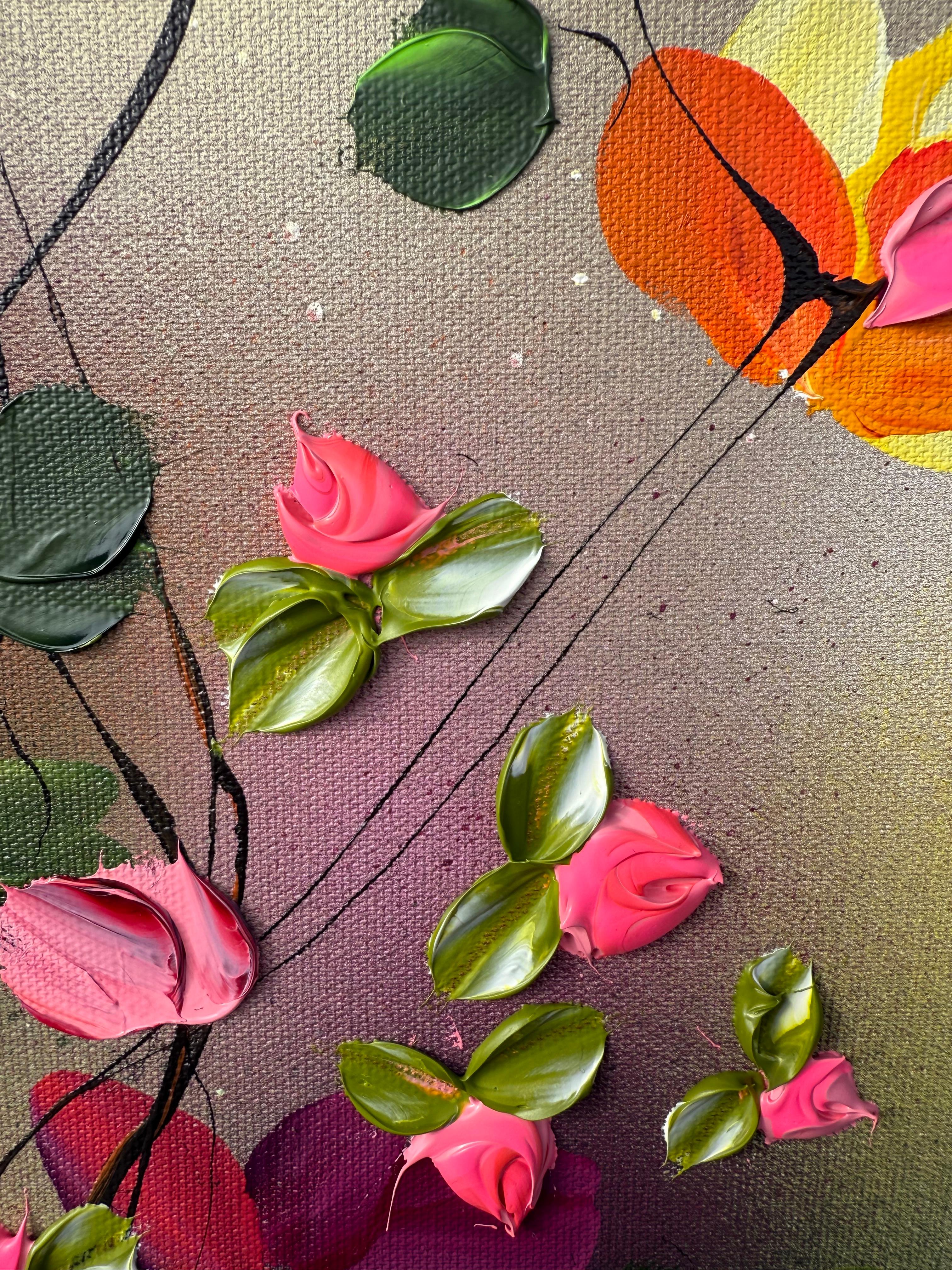 September Palette - colorful impressionistic painting linen canvas 3d roses - Abstract Impressionist Painting by Anastassia Skopp