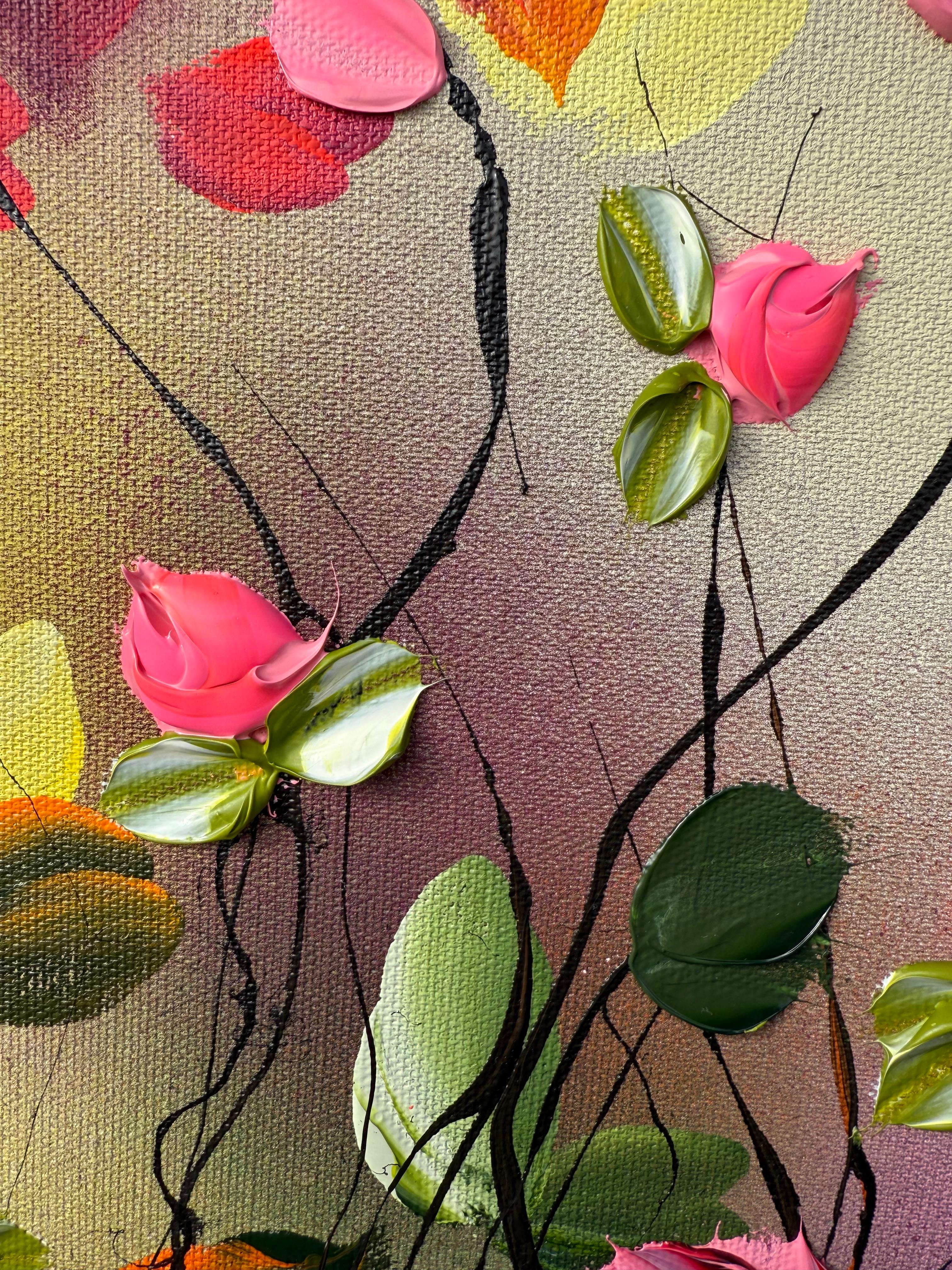 September Palette - colorful impressionistic painting linen canvas 3d roses - Brown Figurative Painting by Anastassia Skopp