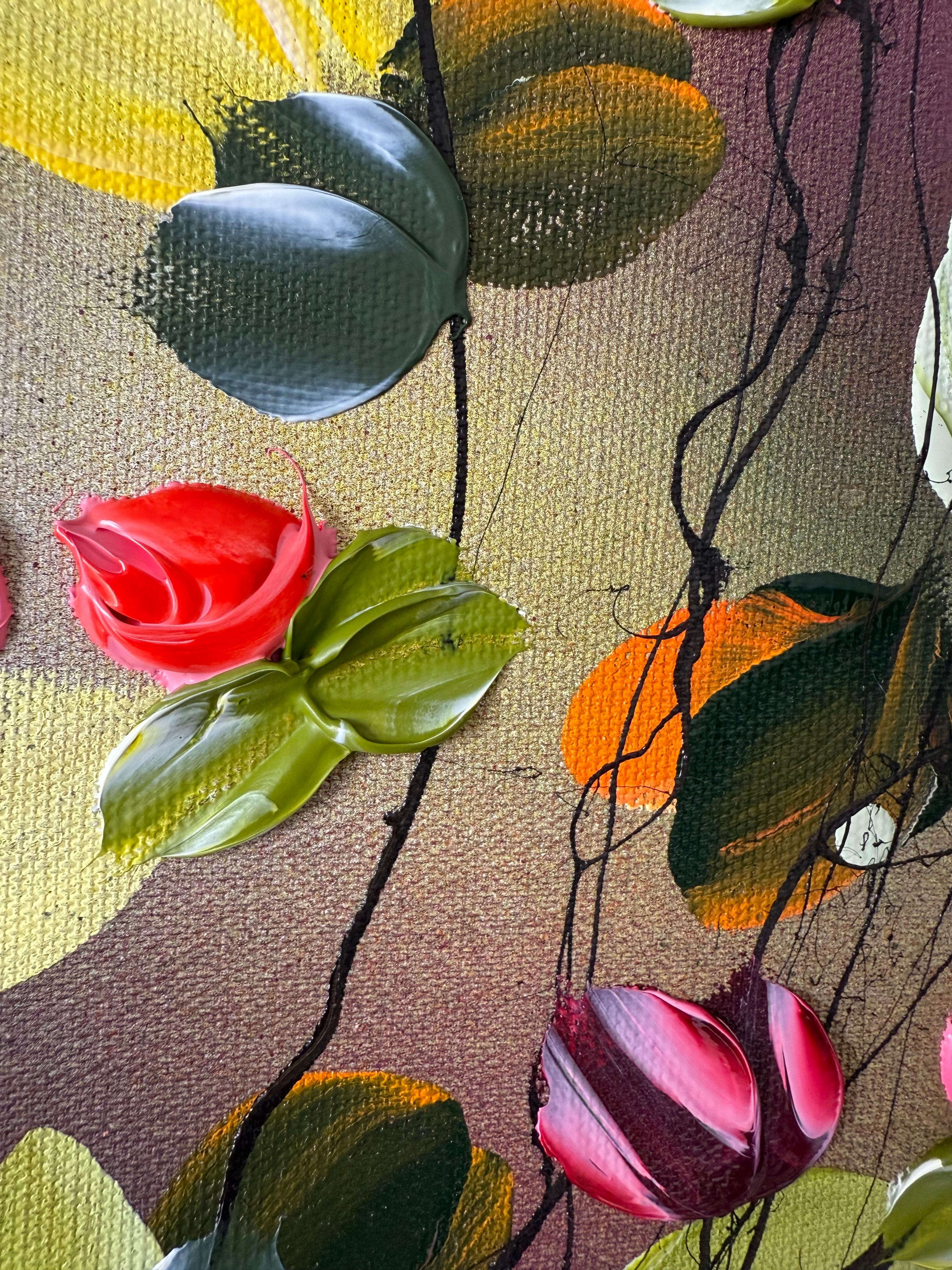 September Palette - colorful impressionistic painting linen canvas 3d roses For Sale 3