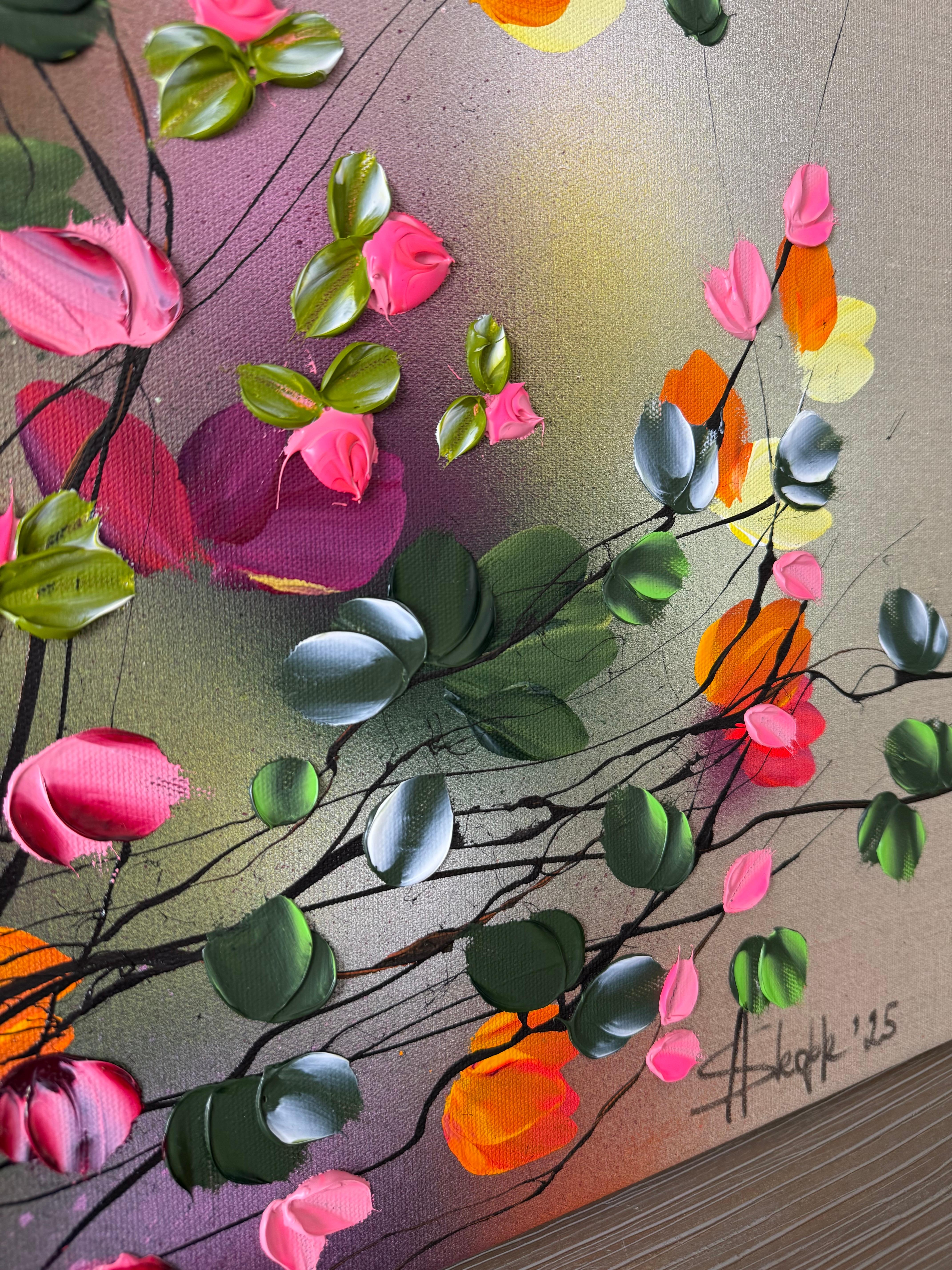 September Palette - colorful impressionistic painting linen canvas 3d roses For Sale 4