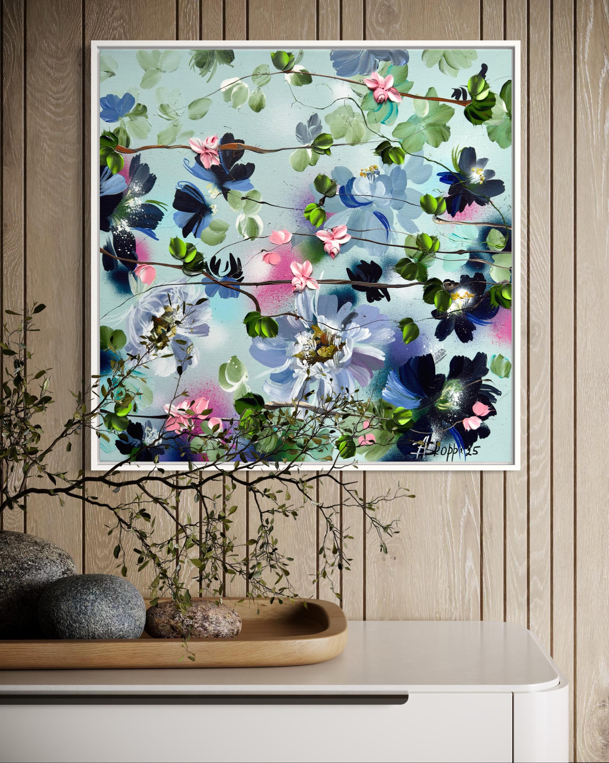 Small Garden -  impressionistic painting on canvas with roses For Sale 9
