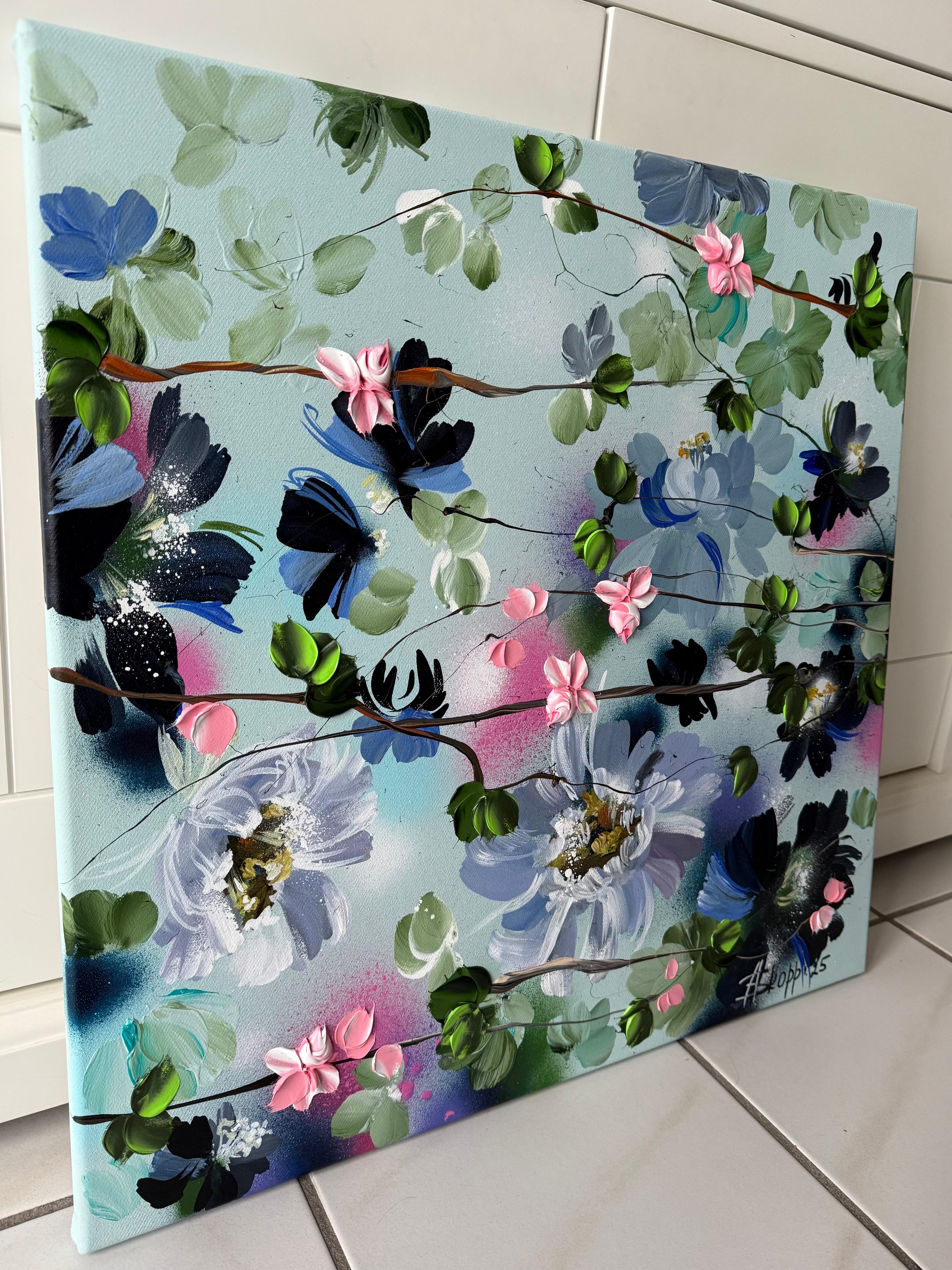 Small Garden -  impressionistic painting on canvas with roses For Sale 1