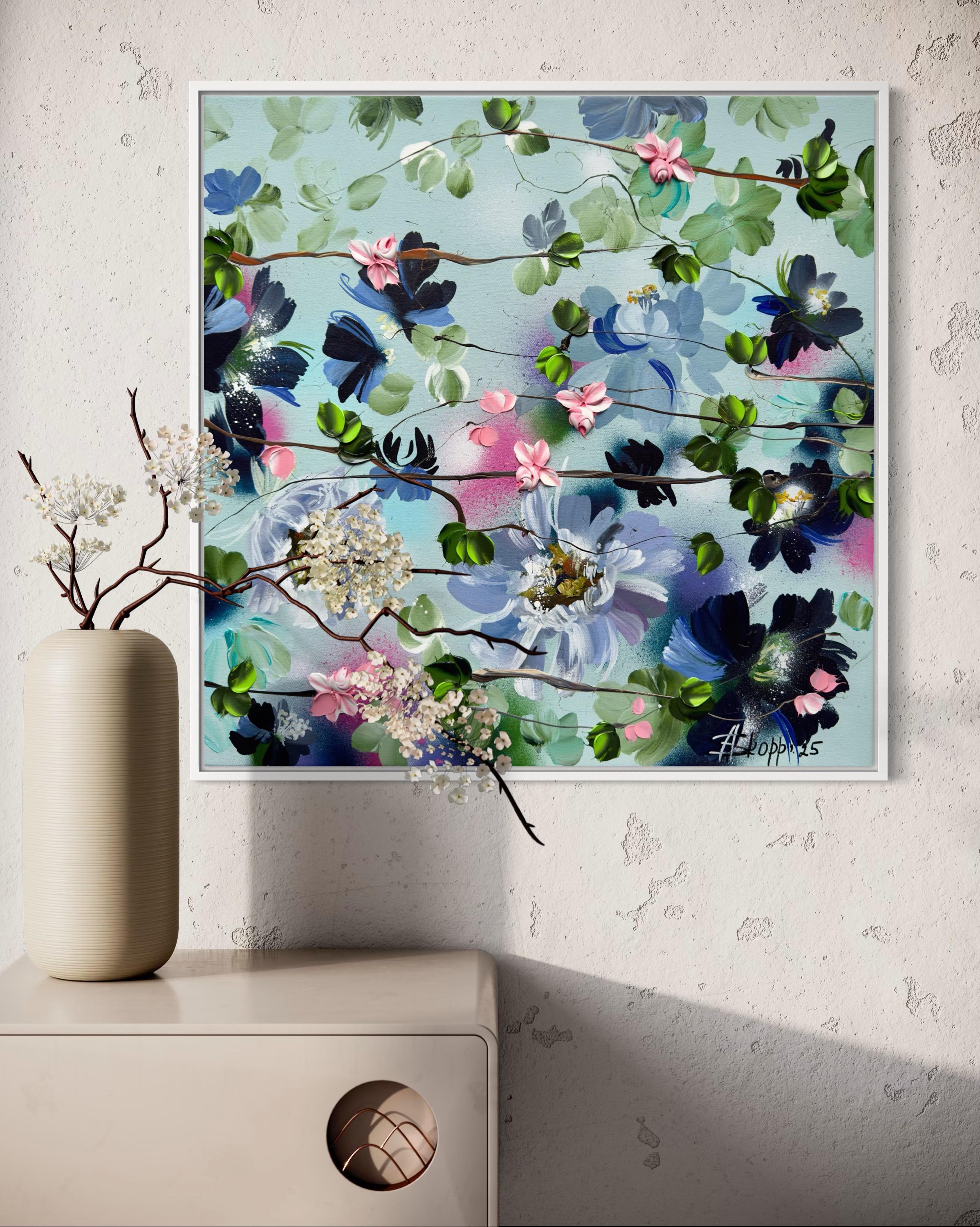 Small Garden -  impressionistic painting on canvas with roses For Sale 2