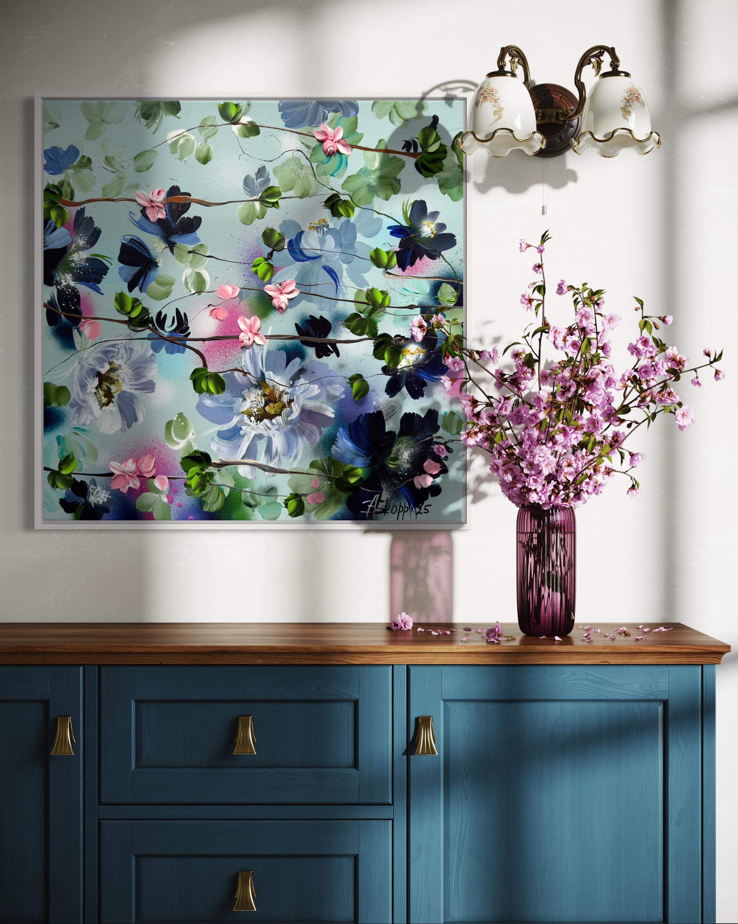 Small Garden -  impressionistic painting on canvas with roses For Sale 4