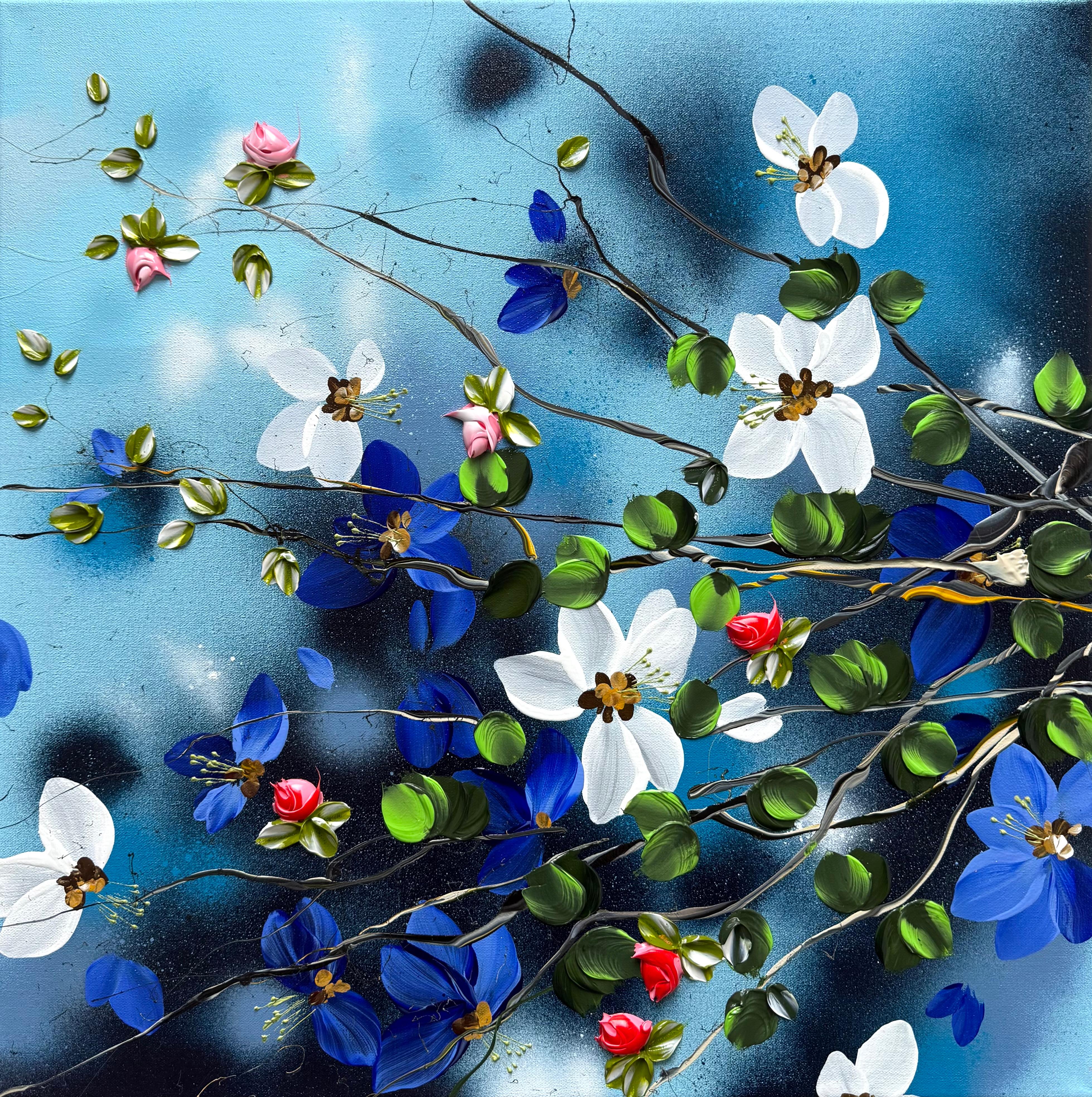 Anastassia Skopp Abstract Painting - Spring in Blue II -  impressionistic painting on linen canvas with 3d roses