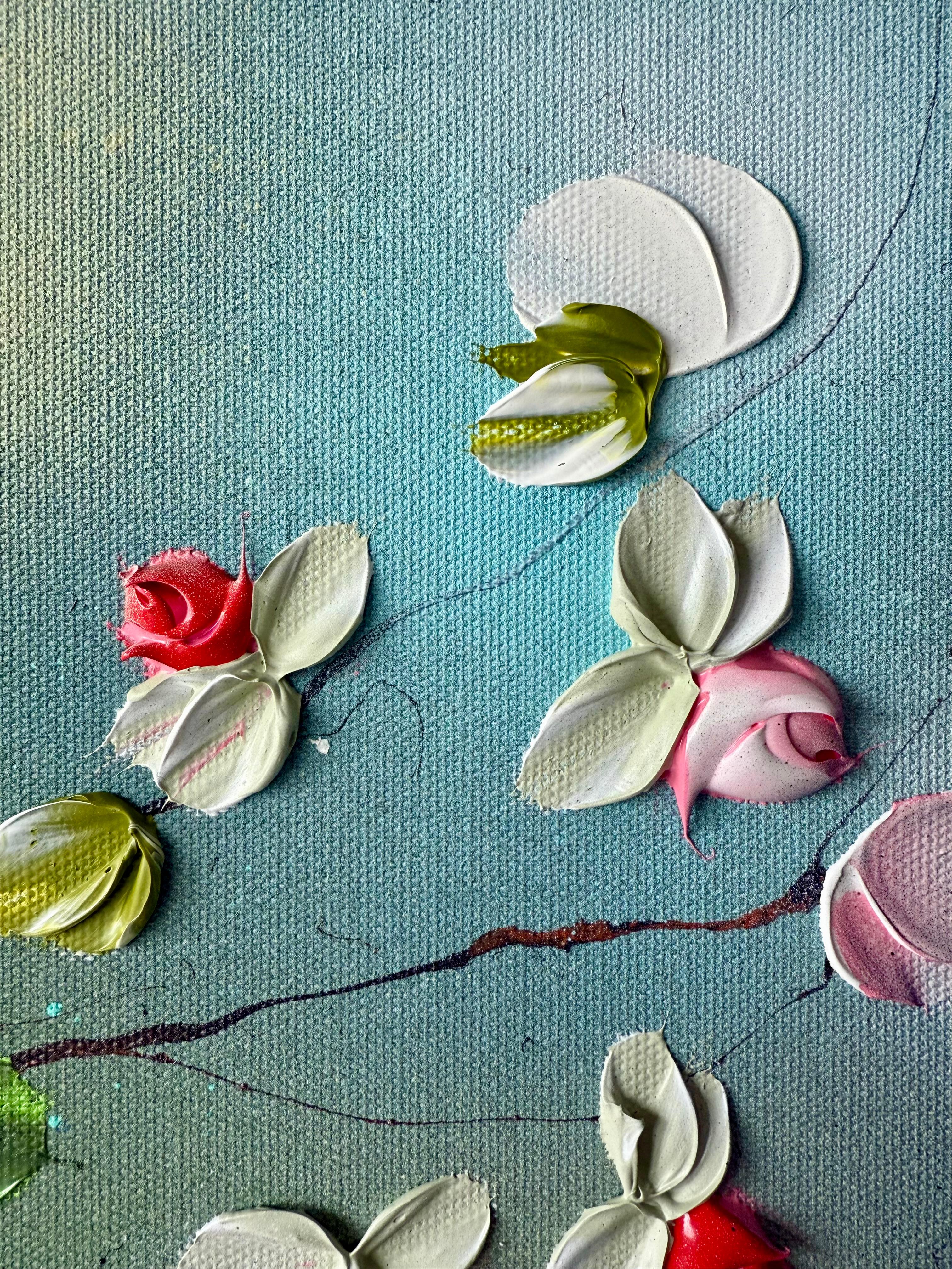 Spring Veil -  impressionistic painting on canvas with pink roses, blue flowers For Sale 6