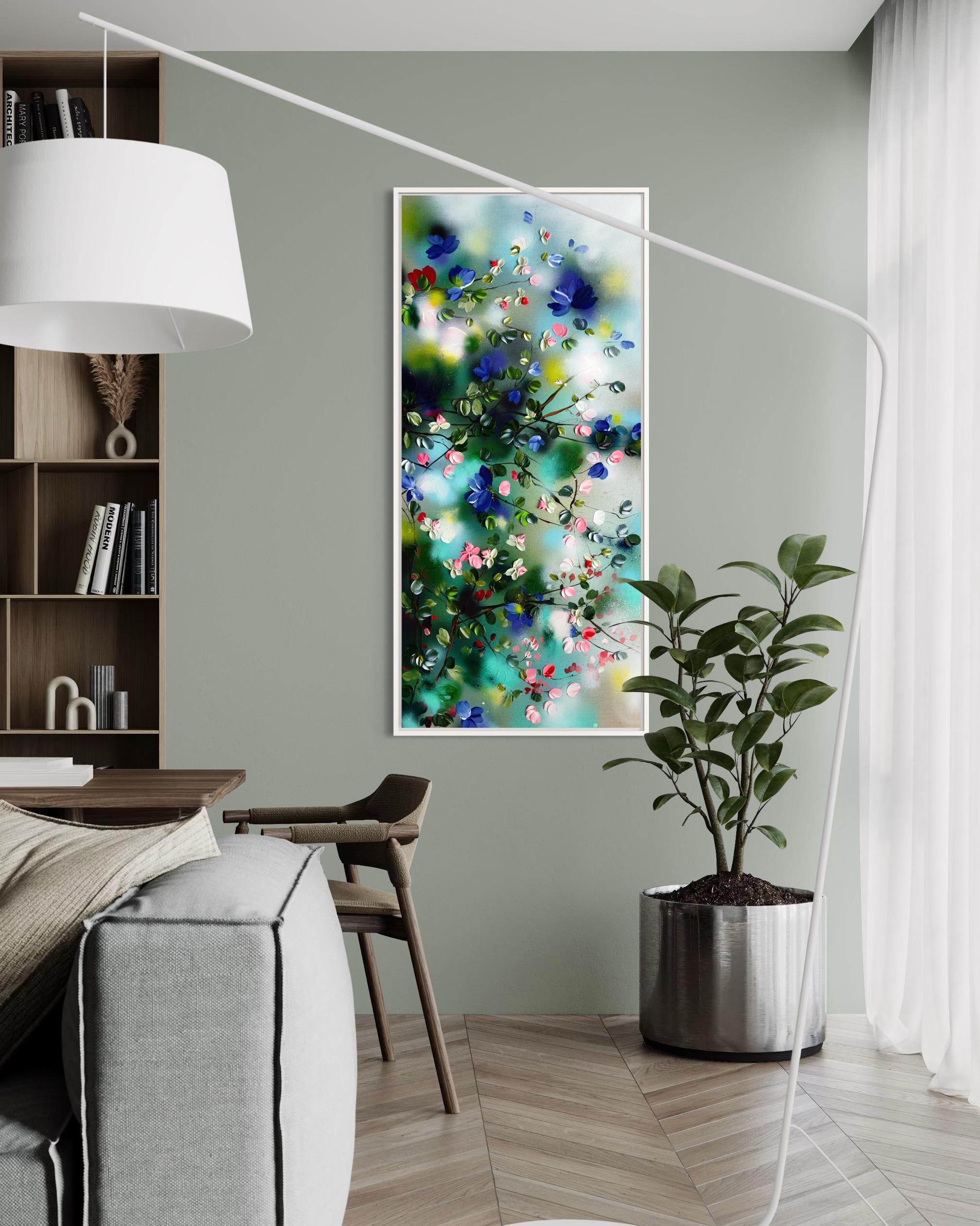 Spring Veil -  impressionistic painting on canvas with pink roses, blue flowers For Sale 8