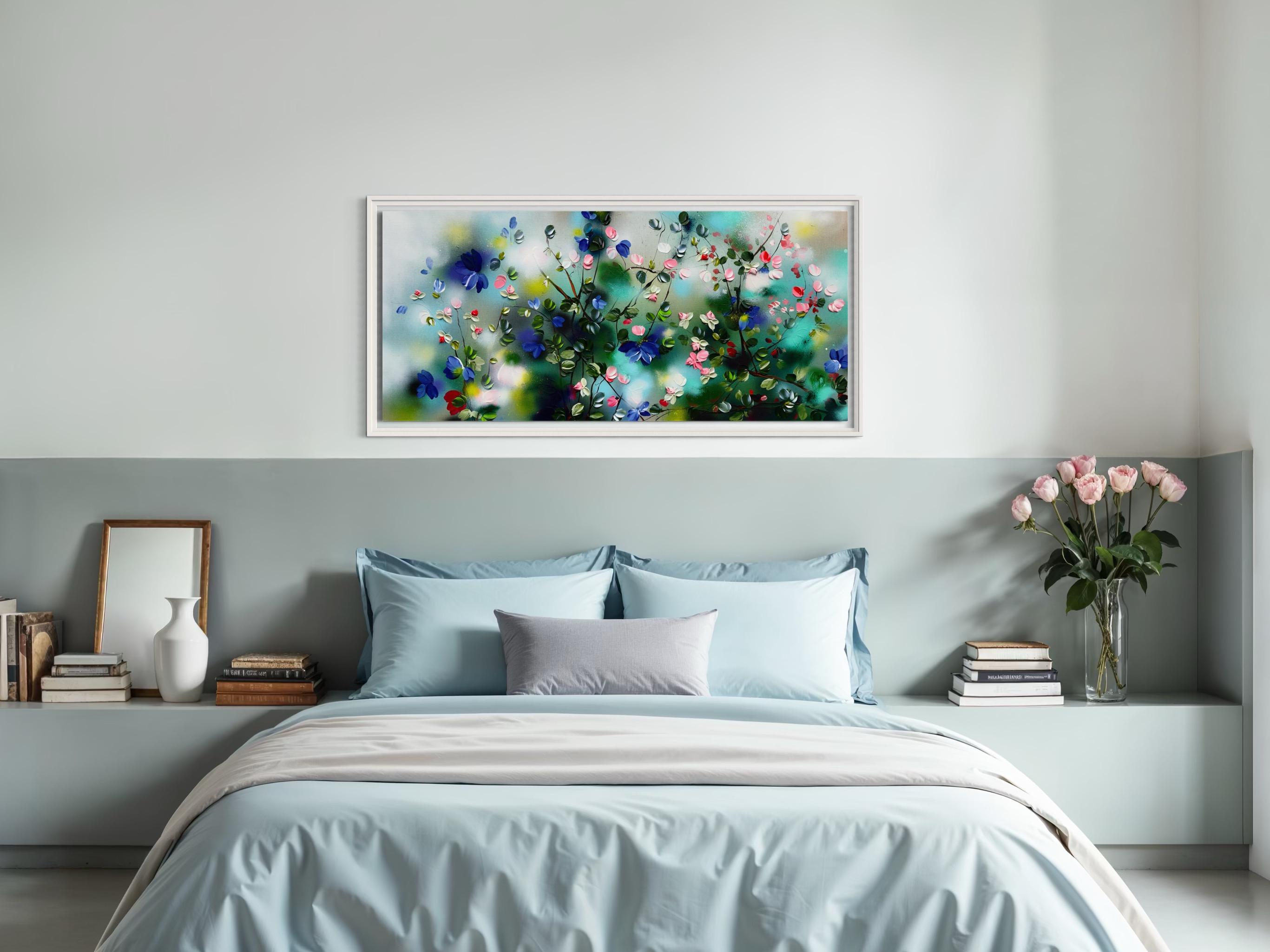 Spring Veil -  impressionistic painting on canvas with pink roses, blue flowers For Sale 9