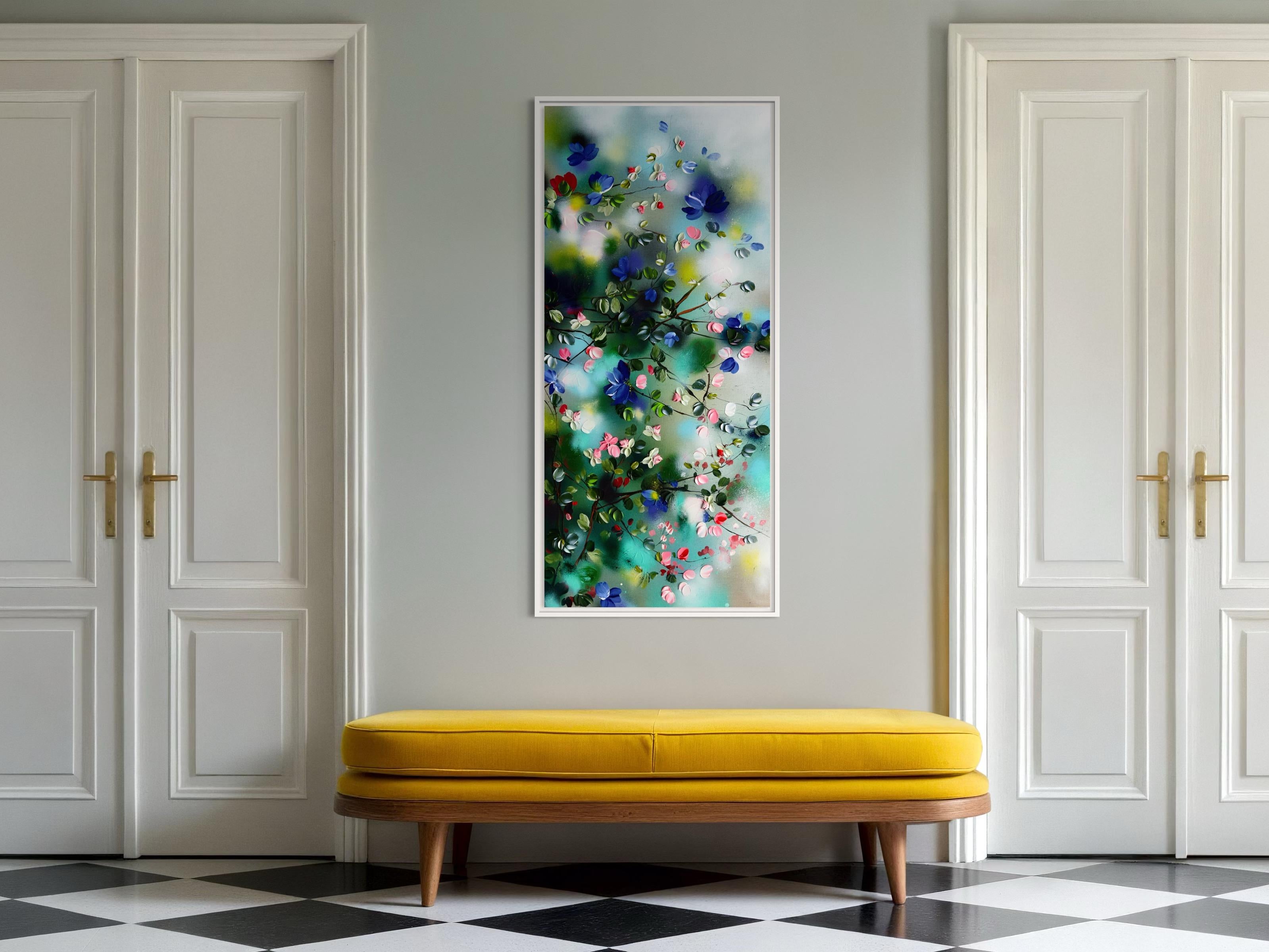 Spring Veil -  impressionistic painting on canvas with pink roses, blue flowers For Sale 11