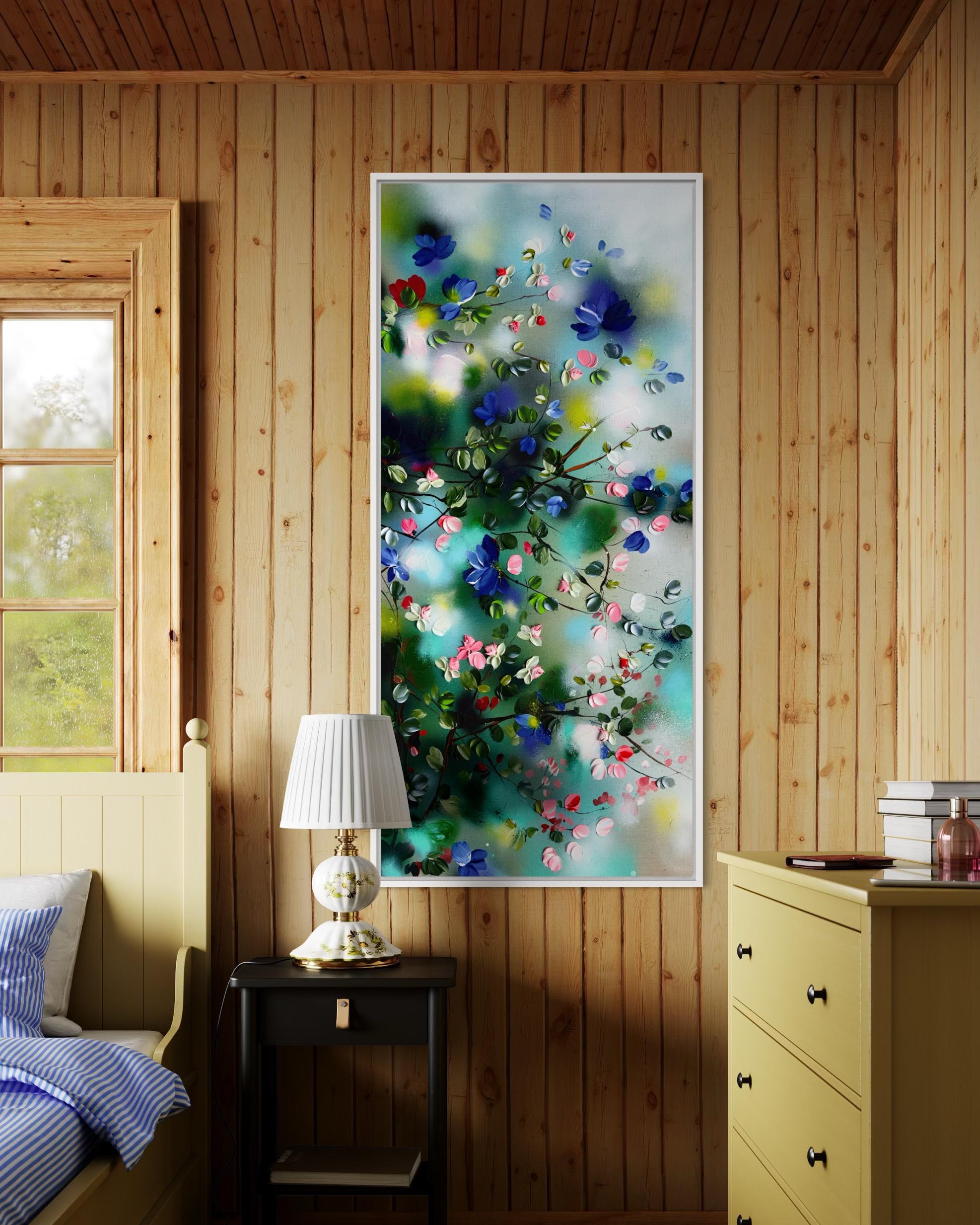 Spring Veil -  impressionistic painting on canvas with pink roses, blue flowers For Sale 12