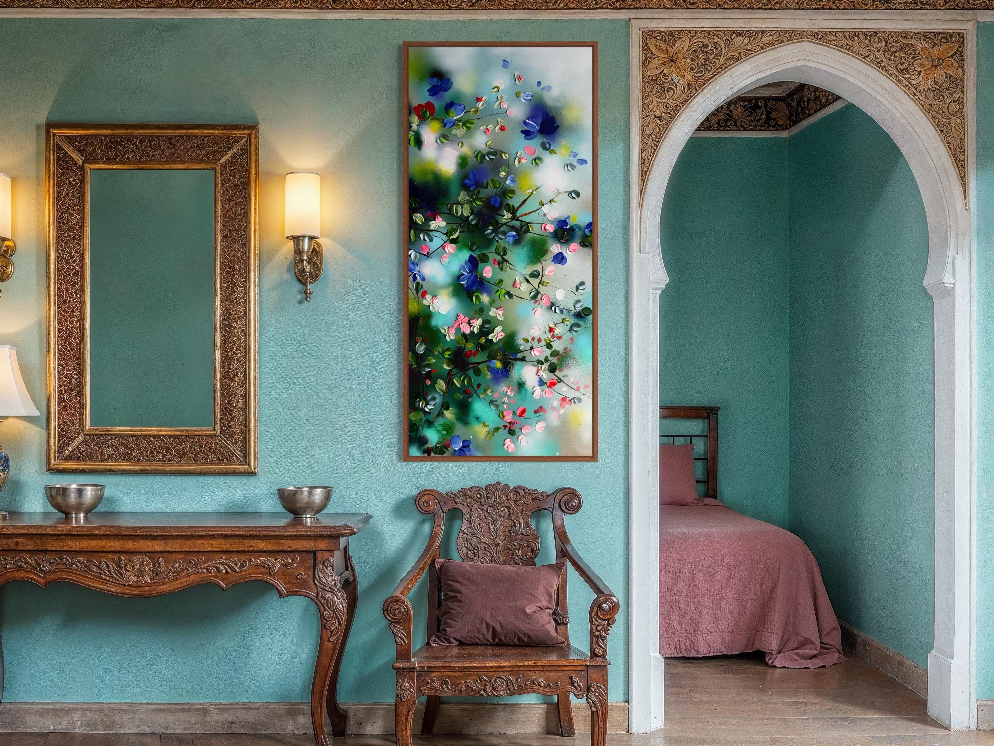 Spring Veil -  impressionistic painting on canvas with pink roses, blue flowers For Sale 13