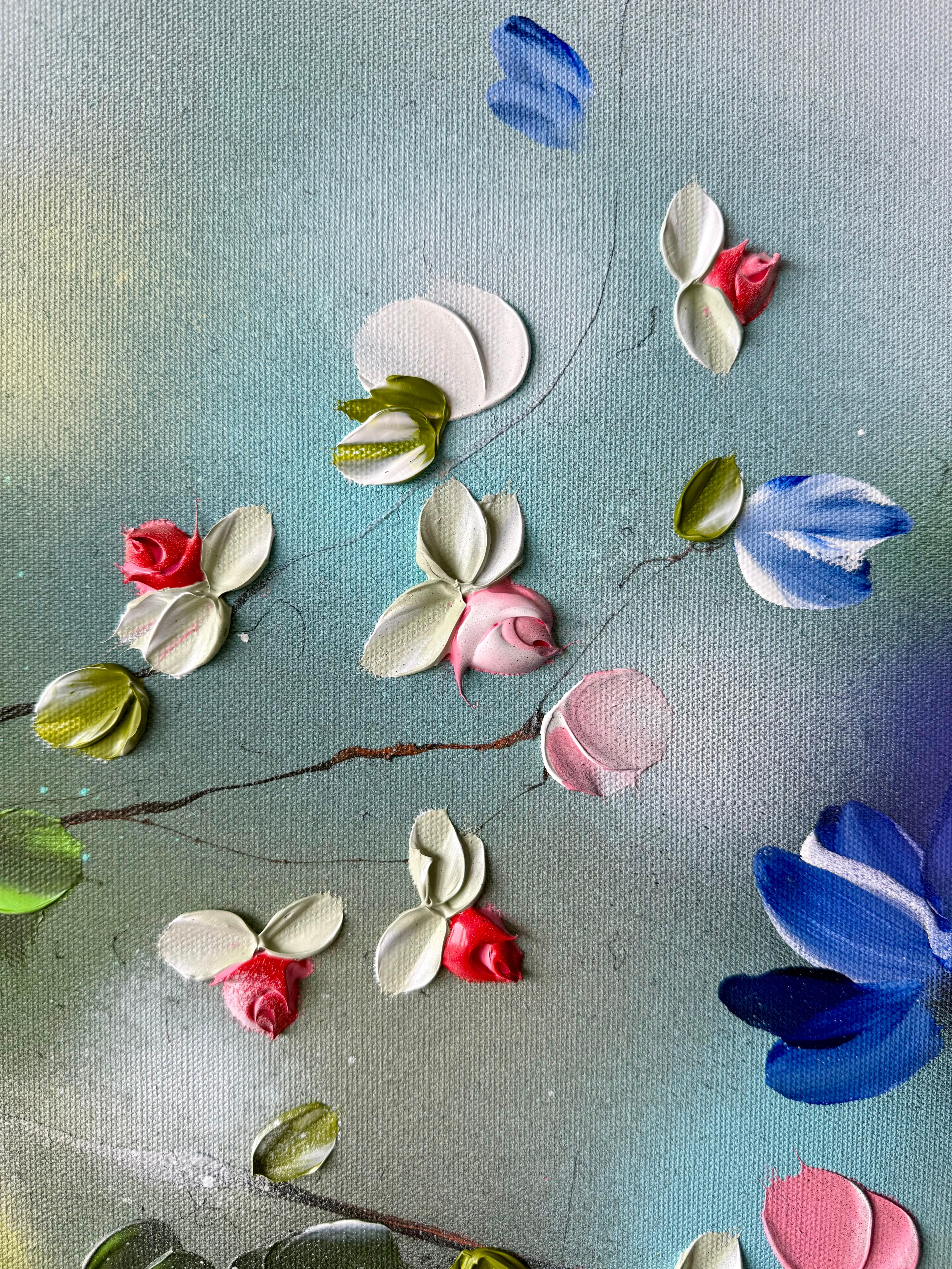 Spring Veil -  impressionistic painting on canvas with pink roses, blue flowers - Painting by Anastassia Skopp