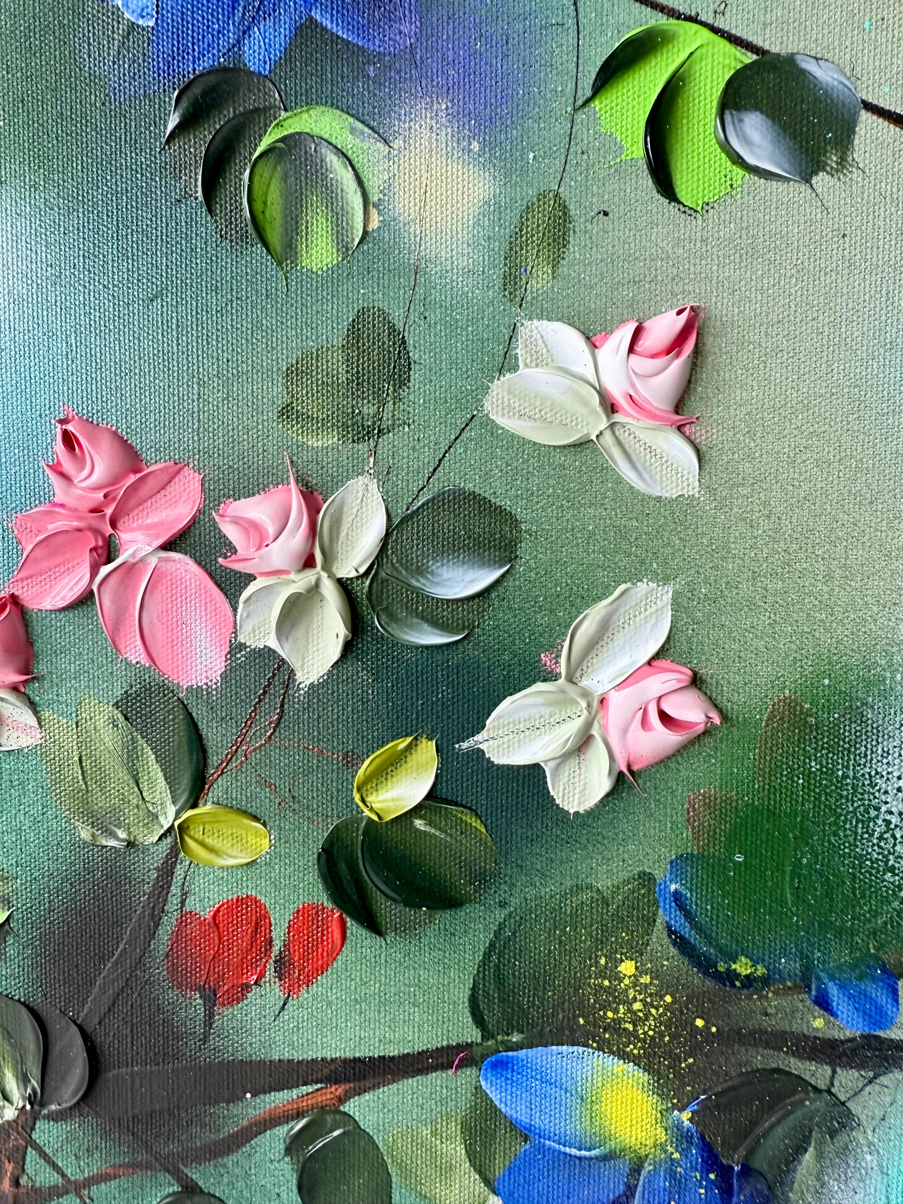 Spring Veil -  impressionistic painting on canvas with pink roses, blue flowers - Blue Figurative Painting by Anastassia Skopp
