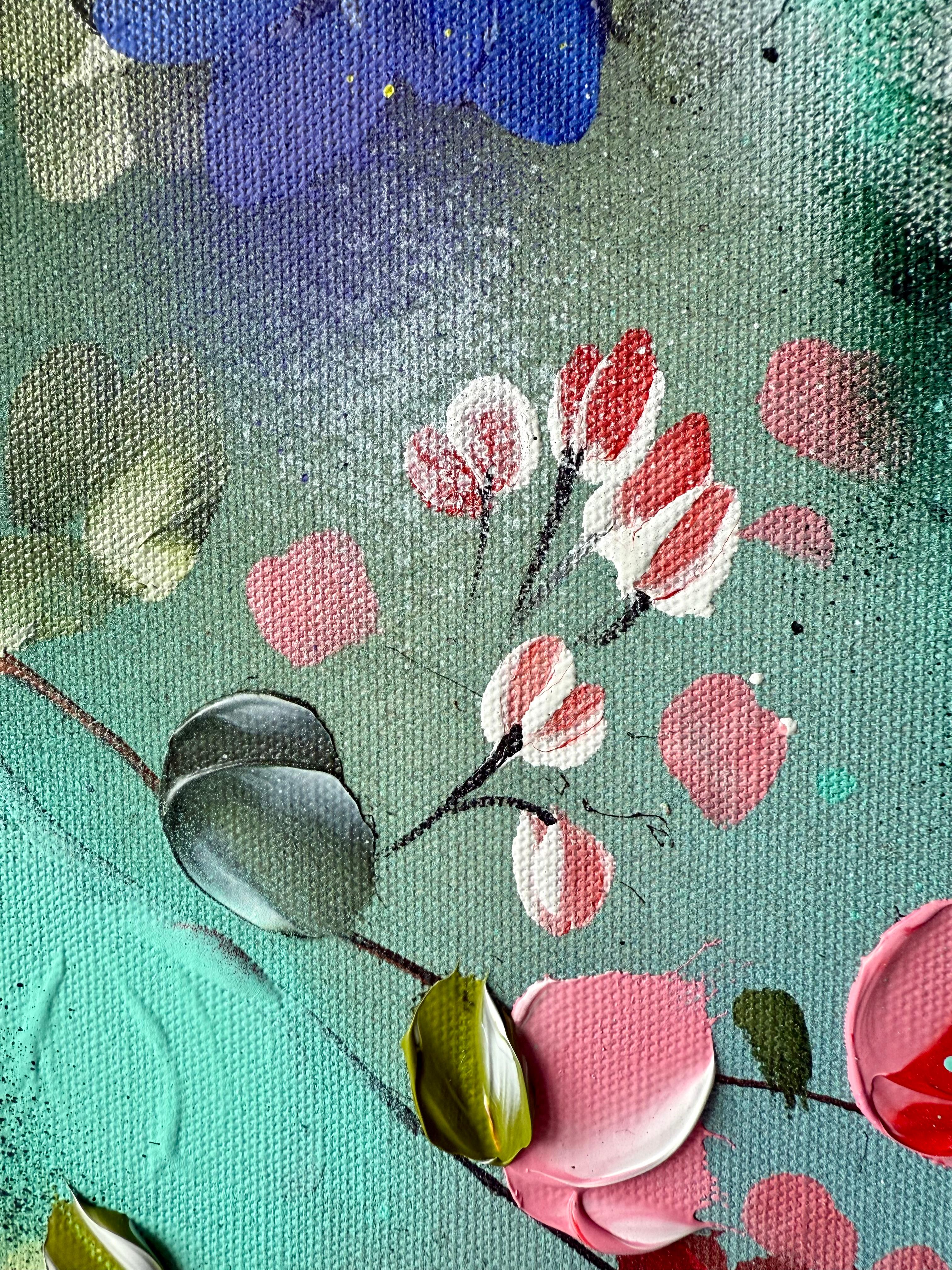 Spring Veil -  impressionistic painting on canvas with pink roses, blue flowers For Sale 3