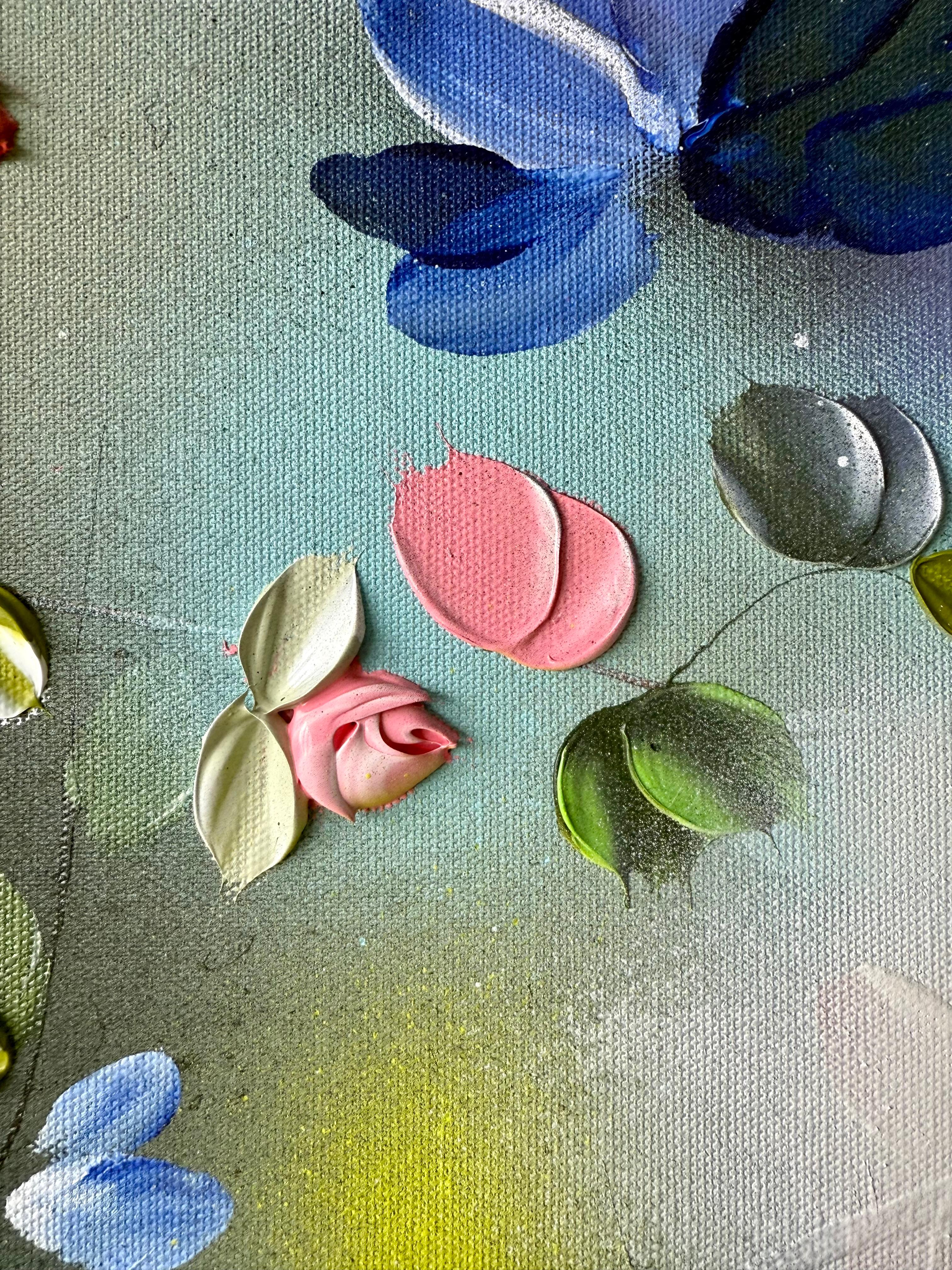 Spring Veil -  impressionistic painting on canvas with pink roses, blue flowers For Sale 4