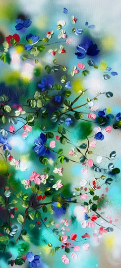 Spring Veil -  impressionistic painting on canvas with pink roses, blue flowers