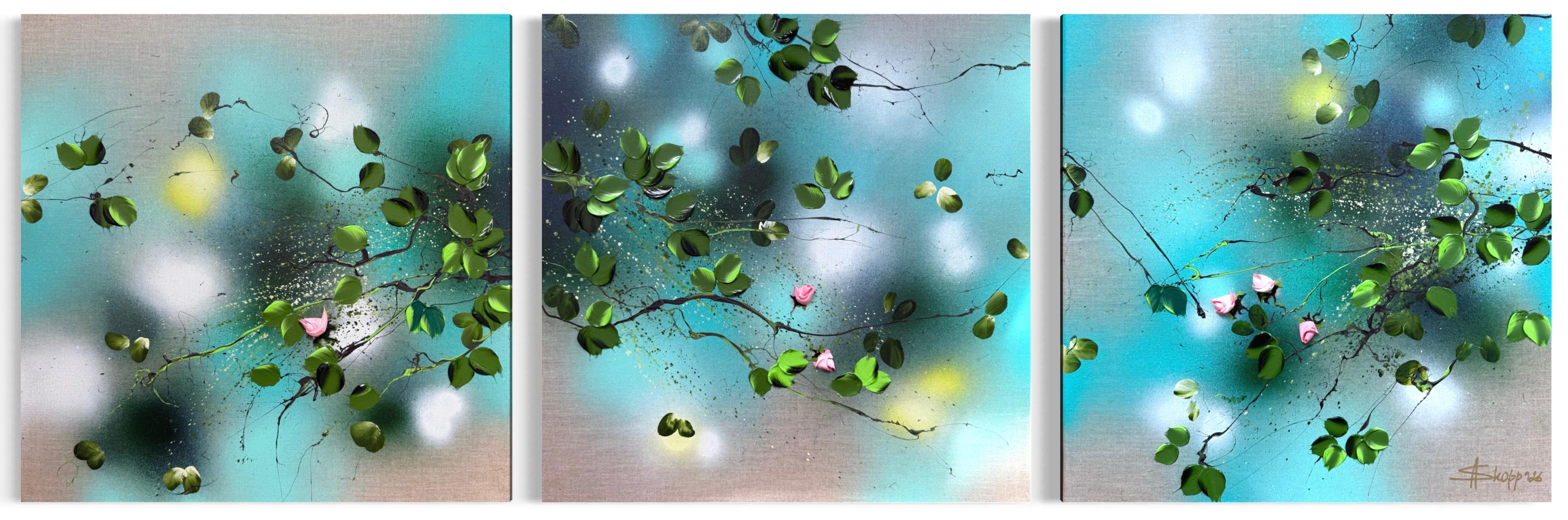 Anastassia Skopp Abstract Painting - The Quiet Hours  - Impressionistic Triptych on Linen Canvas, floral art, roses