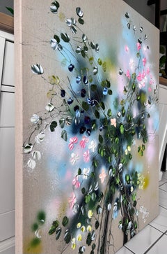 "Two Peach Roses" floral very large impressionistic painting on linen canvas