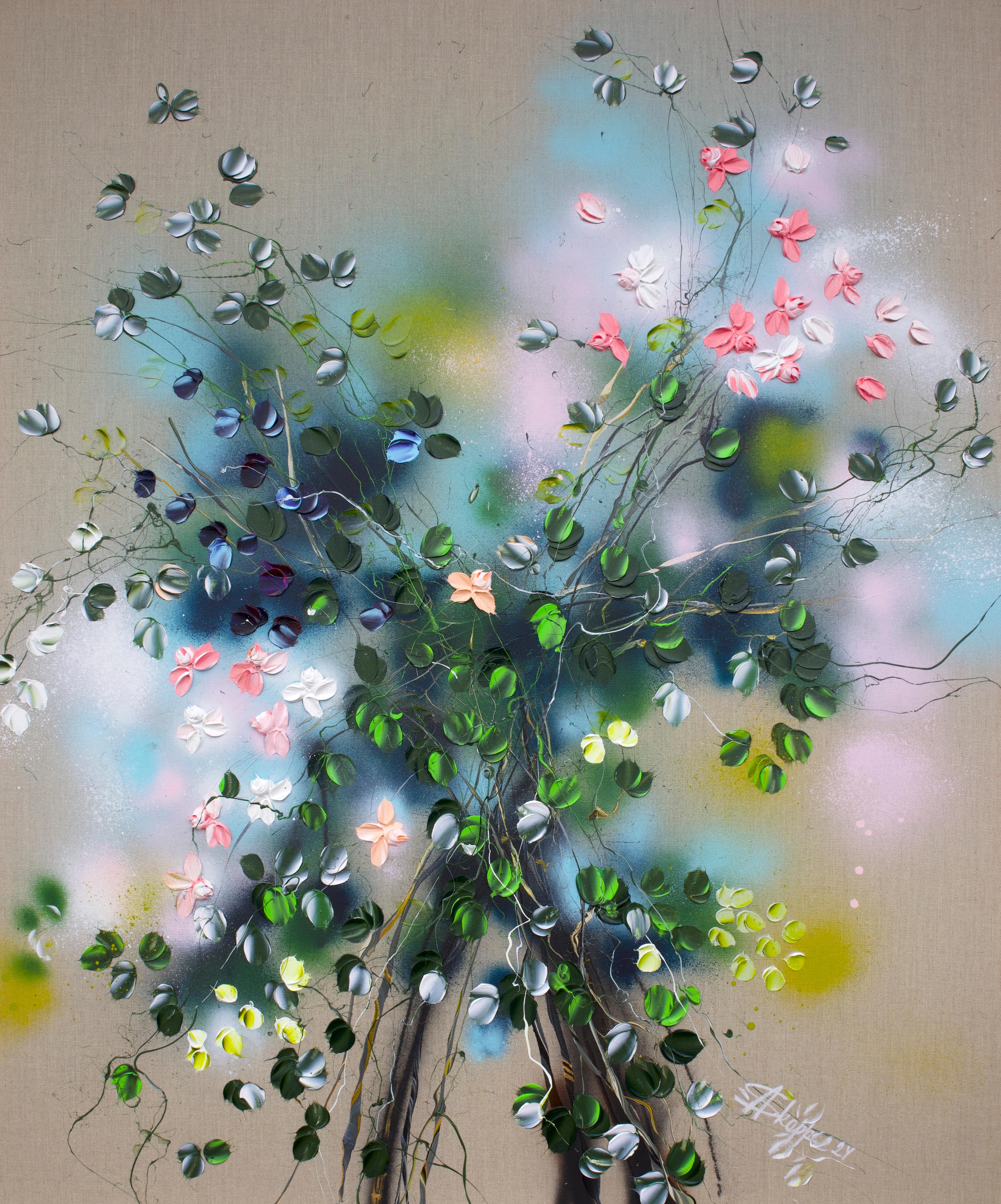 Figurative Painting di Anastassia Skopp - "Due rose di pesco" dipinto impressionista floreale di grandi dimensioni su tela di lino