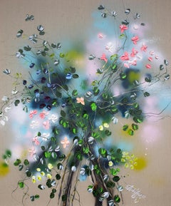 "Dos rosas de melocotón" pintura impresionista floral muy grande sobre lienzo de lino