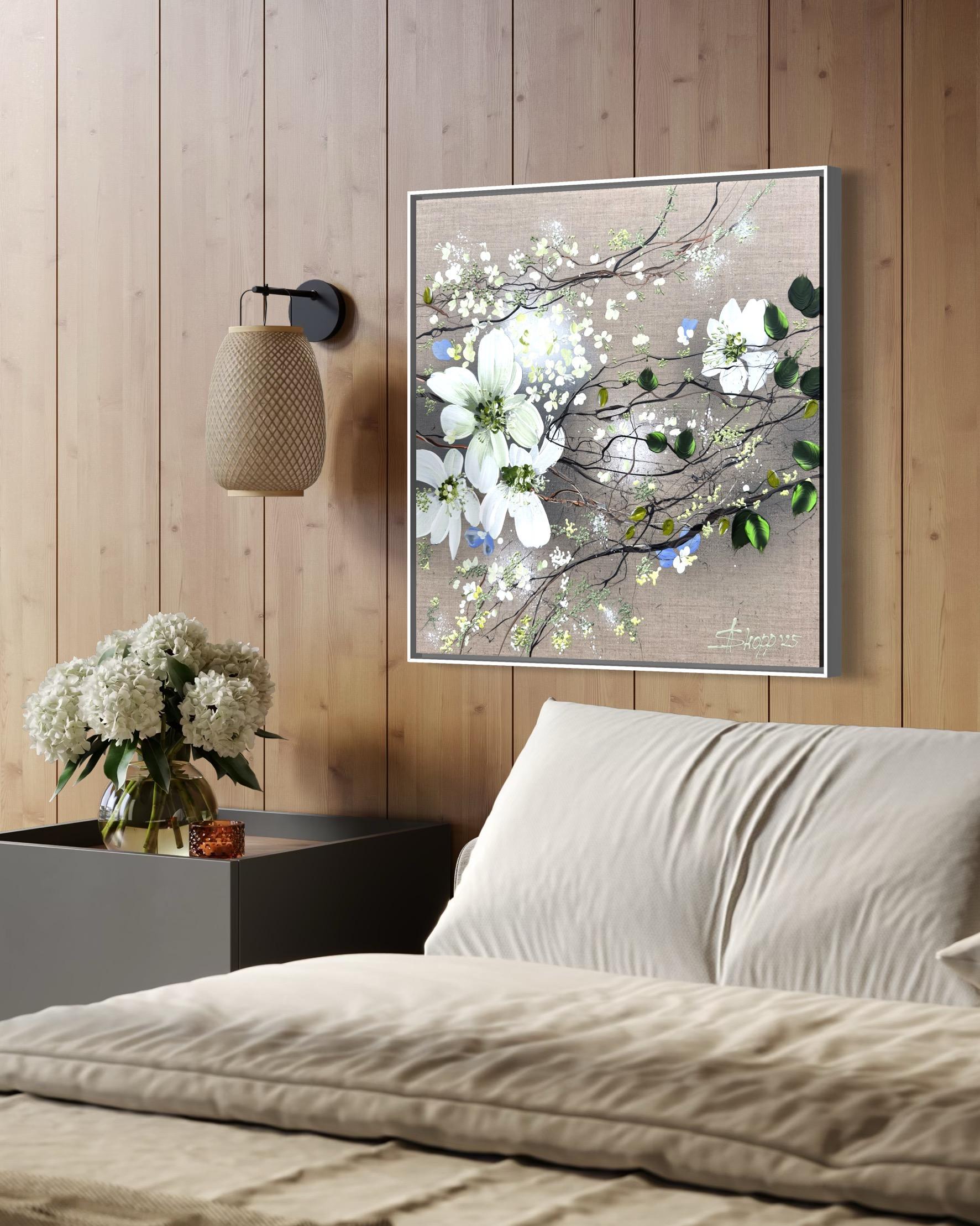 White Blooms - cuadro impresionista monocromo lienzo de lino 3d rosas en venta 5
