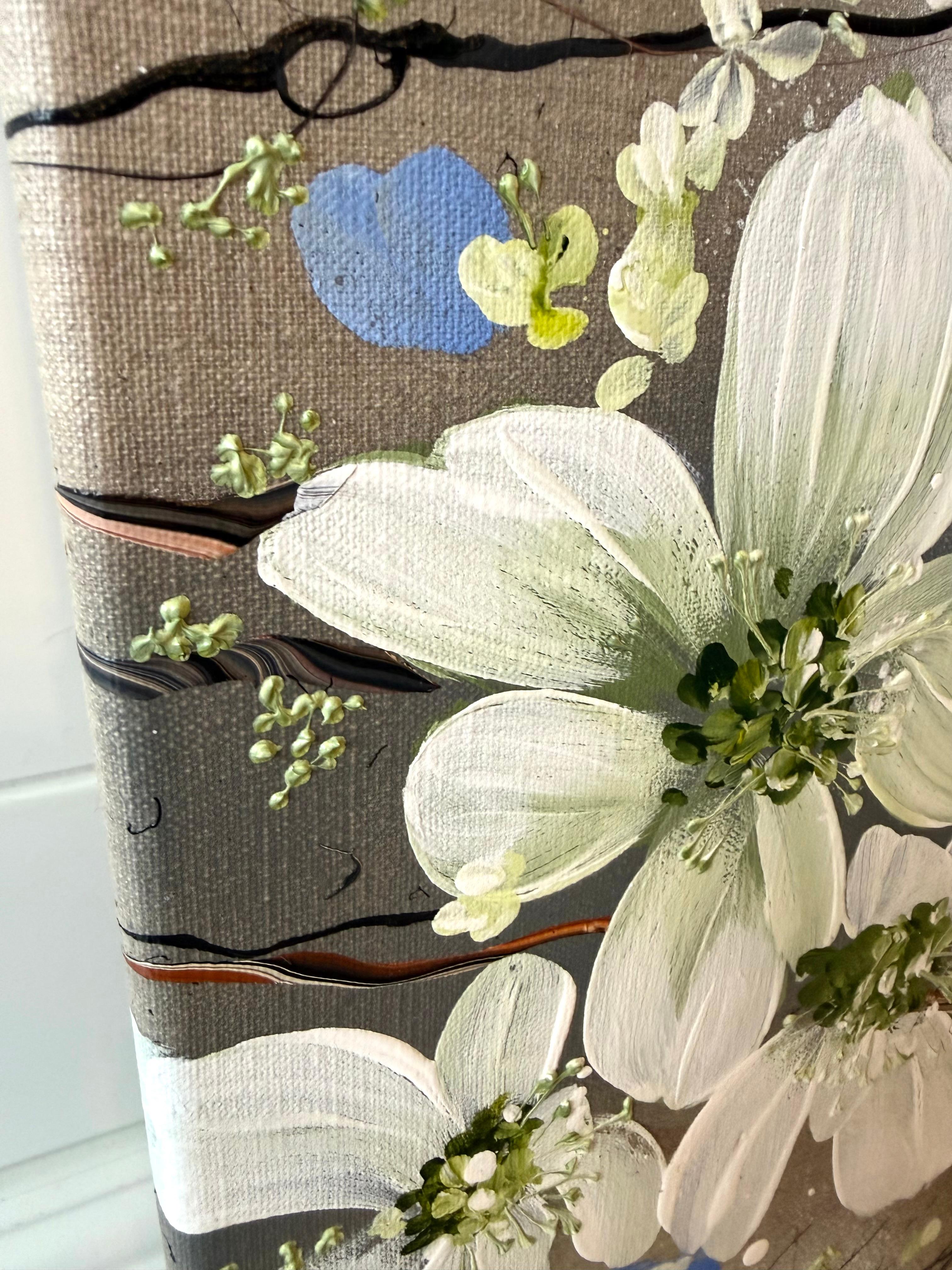 White Blooms - cuadro impresionista monocromo lienzo de lino 3d rosas en venta 7