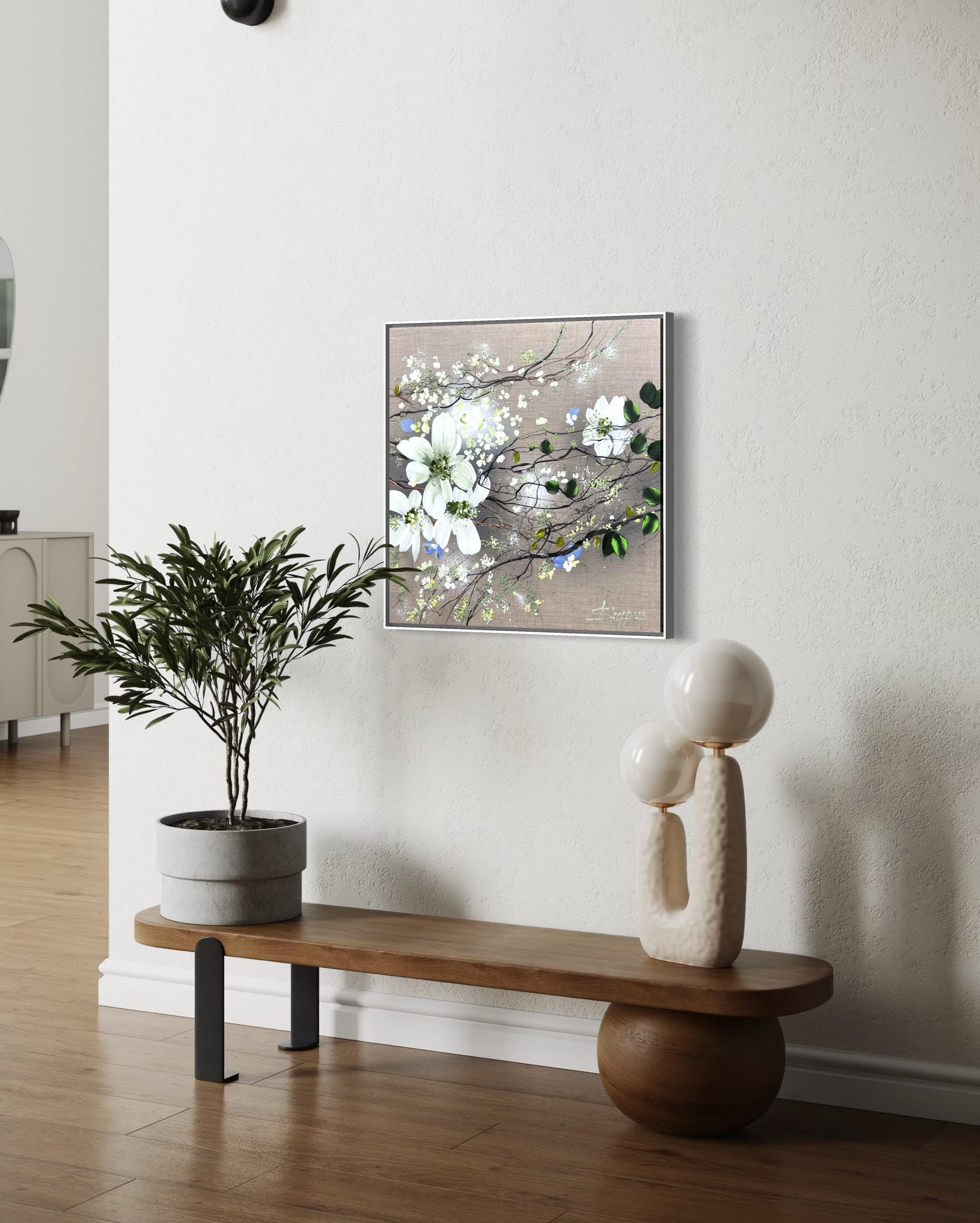 White Blooms - cuadro impresionista monocromo lienzo de lino 3d rosas en venta 9