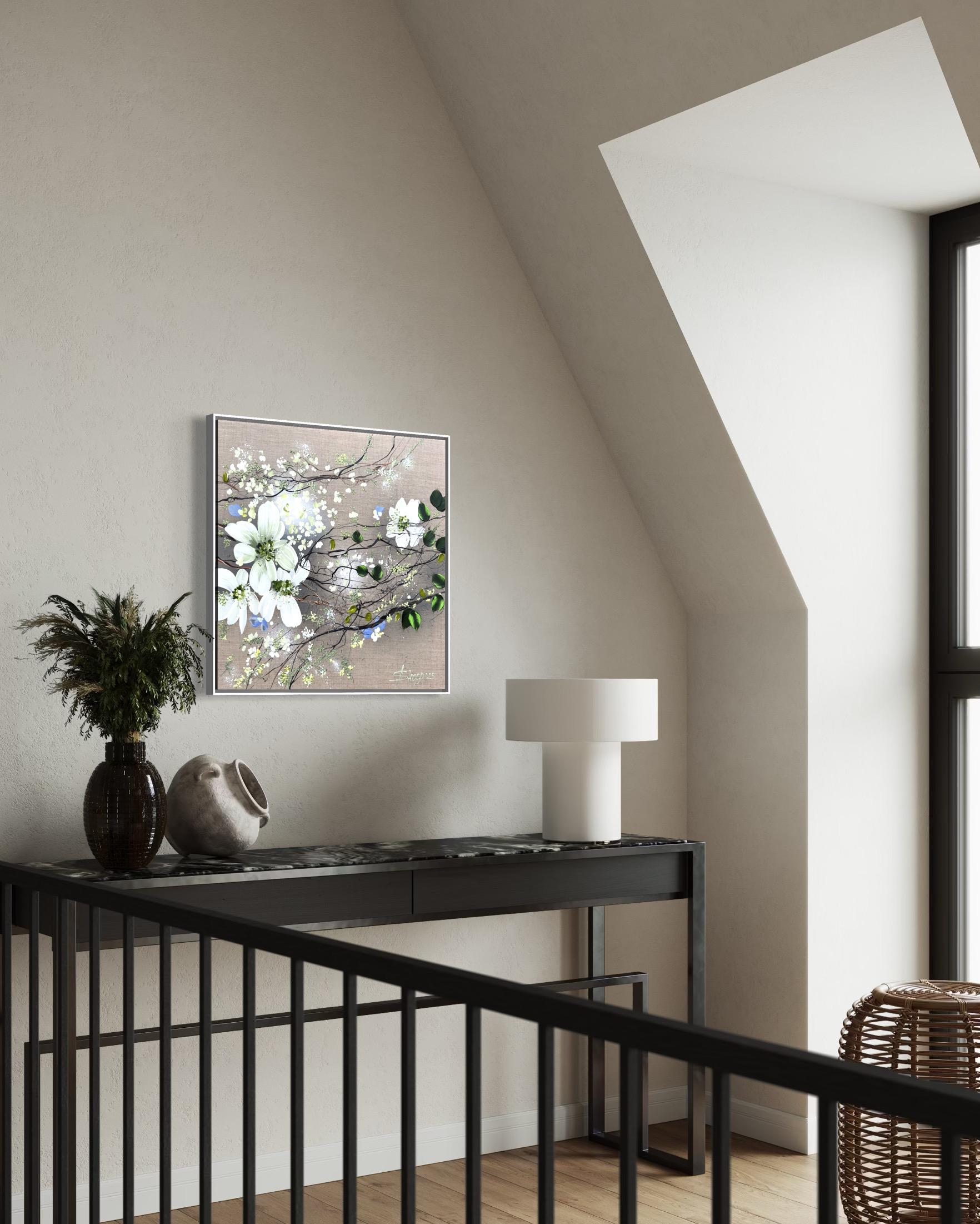 White Blooms - cuadro impresionista monocromo lienzo de lino 3d rosas en venta 10