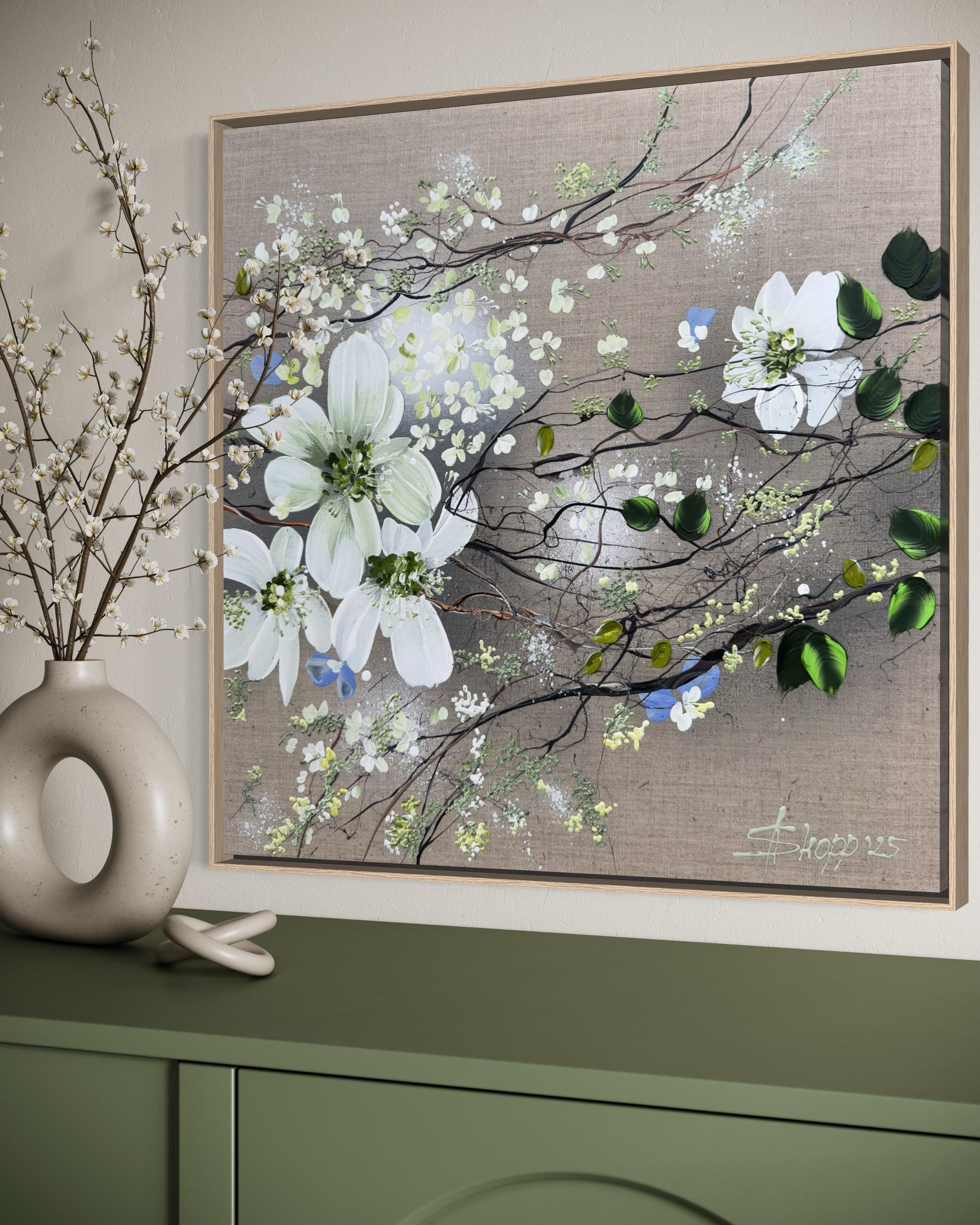 White Blooms - cuadro impresionista monocromo lienzo de lino 3d rosas en venta 11