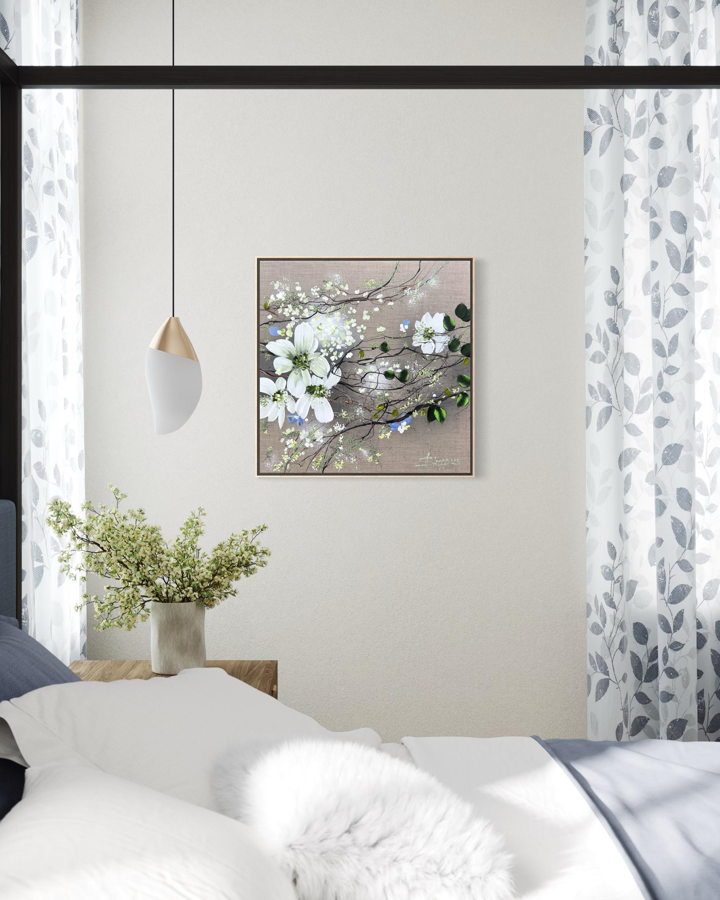White Blooms - cuadro impresionista monocromo lienzo de lino 3d rosas en venta 12
