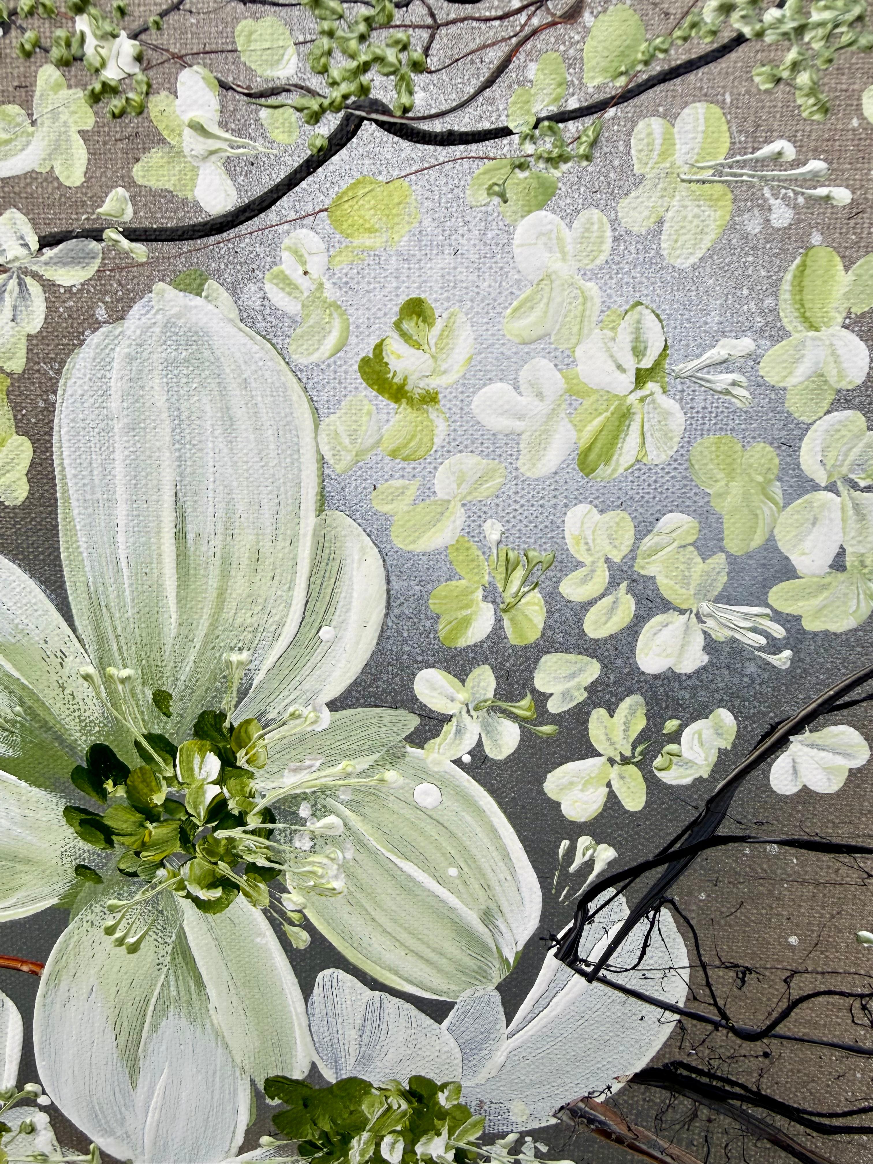 White Blooms - cuadro impresionista monocromo lienzo de lino 3d rosas - Painting de Anastassia Skopp