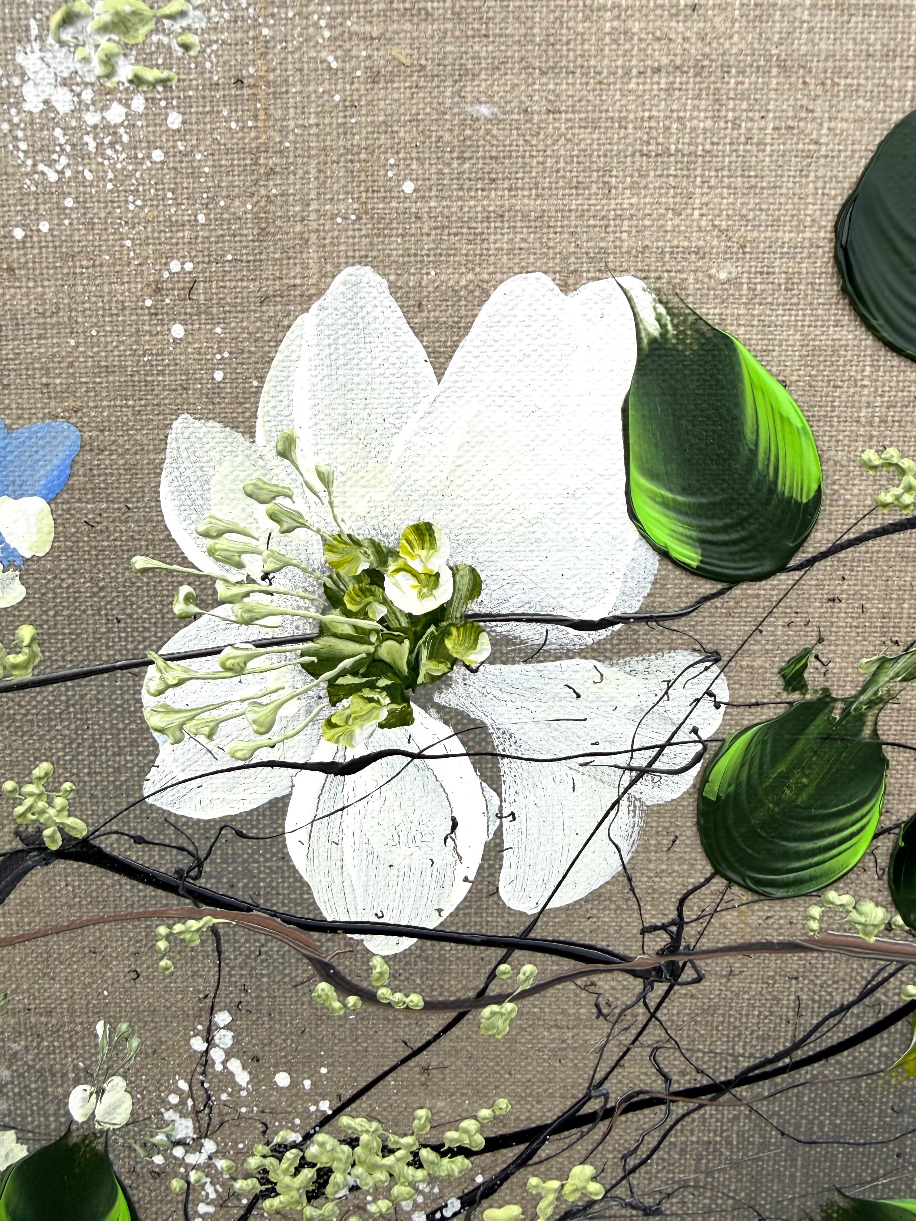 White Blooms - cuadro impresionista monocromo lienzo de lino 3d rosas - Painting Impresionista abstracto de Anastassia Skopp