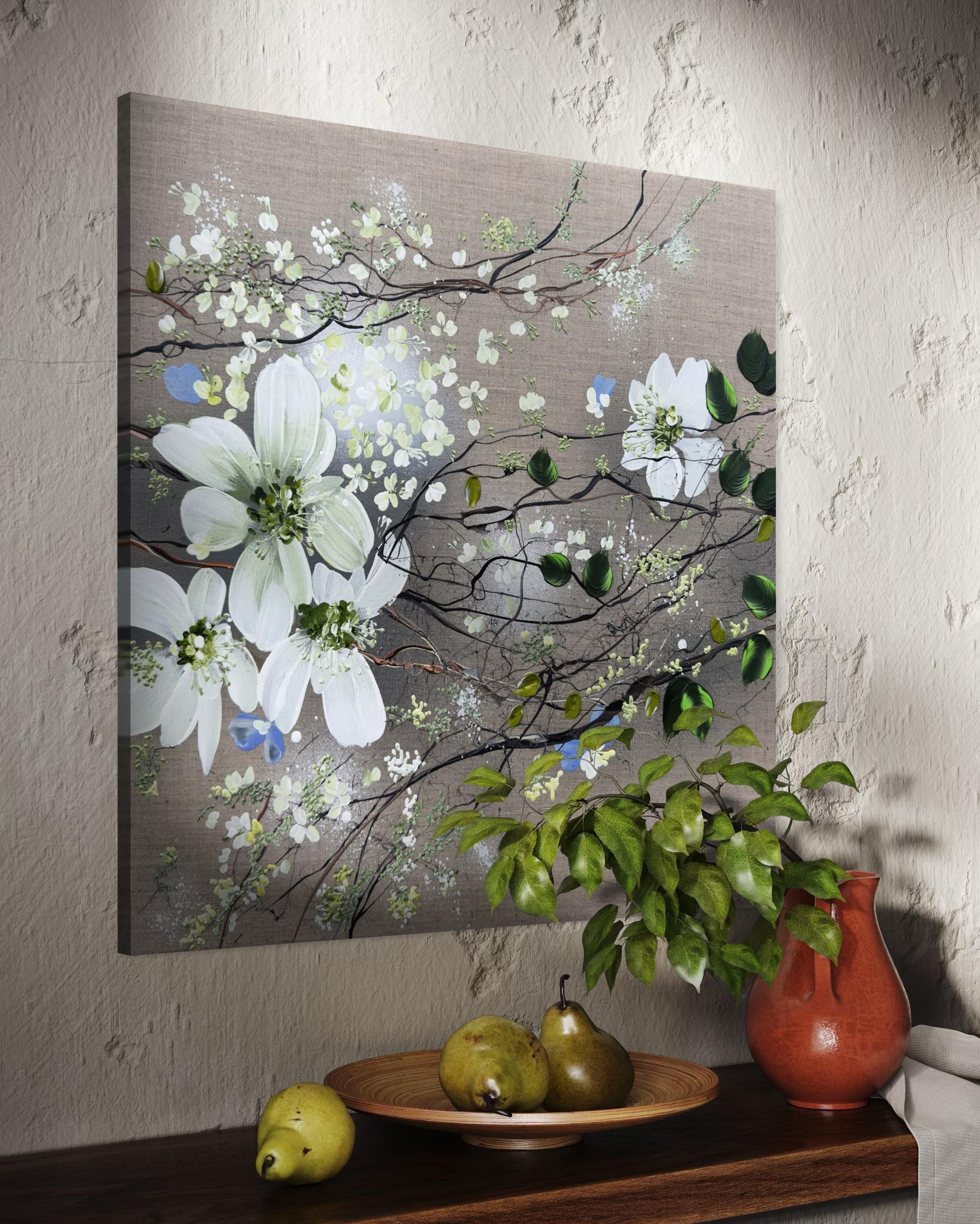 White Blooms - cuadro impresionista monocromo lienzo de lino 3d rosas - Abstract Painting Gris de Anastassia Skopp