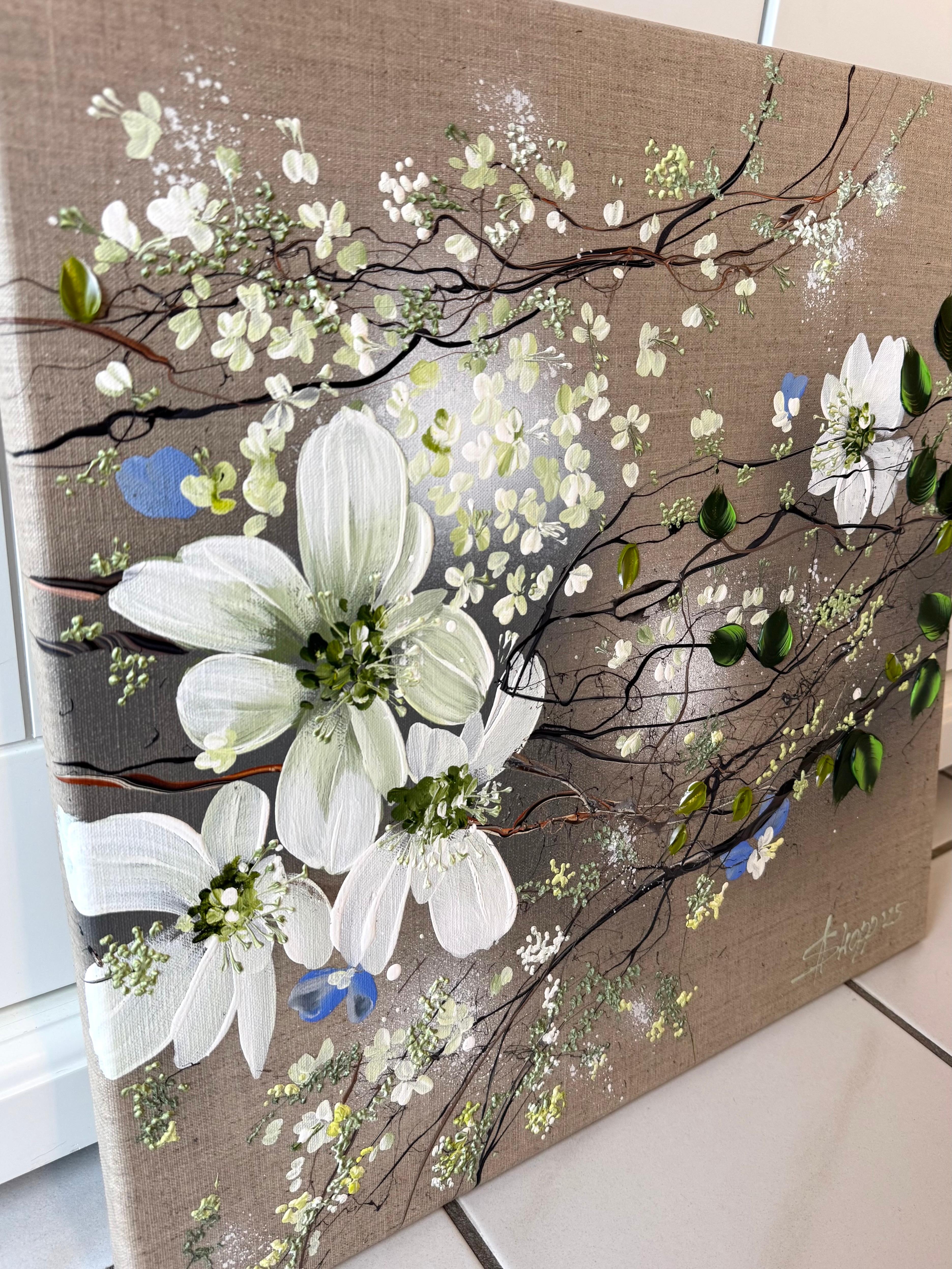 White Blooms - cuadro impresionista monocromo lienzo de lino 3d rosas en venta 1