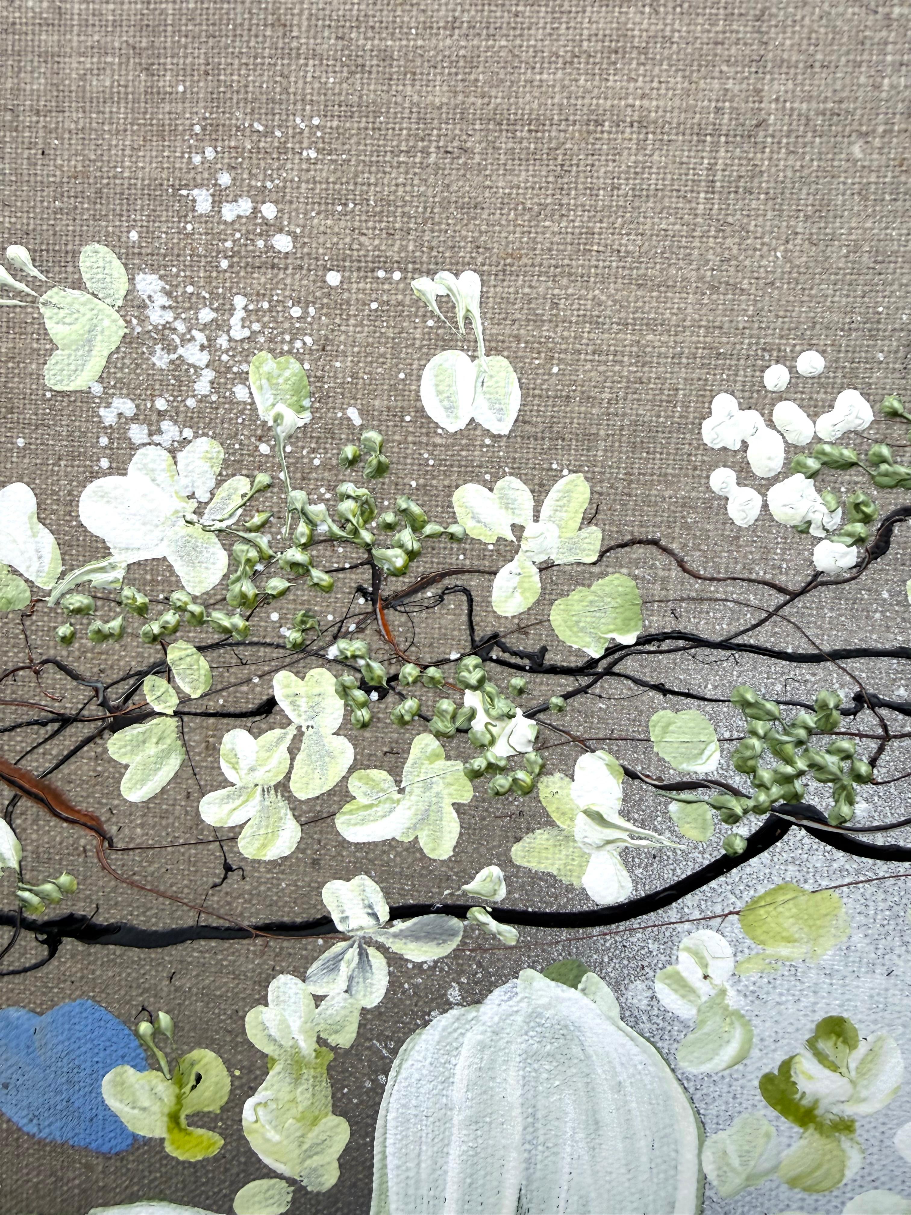 White Blooms - cuadro impresionista monocromo lienzo de lino 3d rosas en venta 2