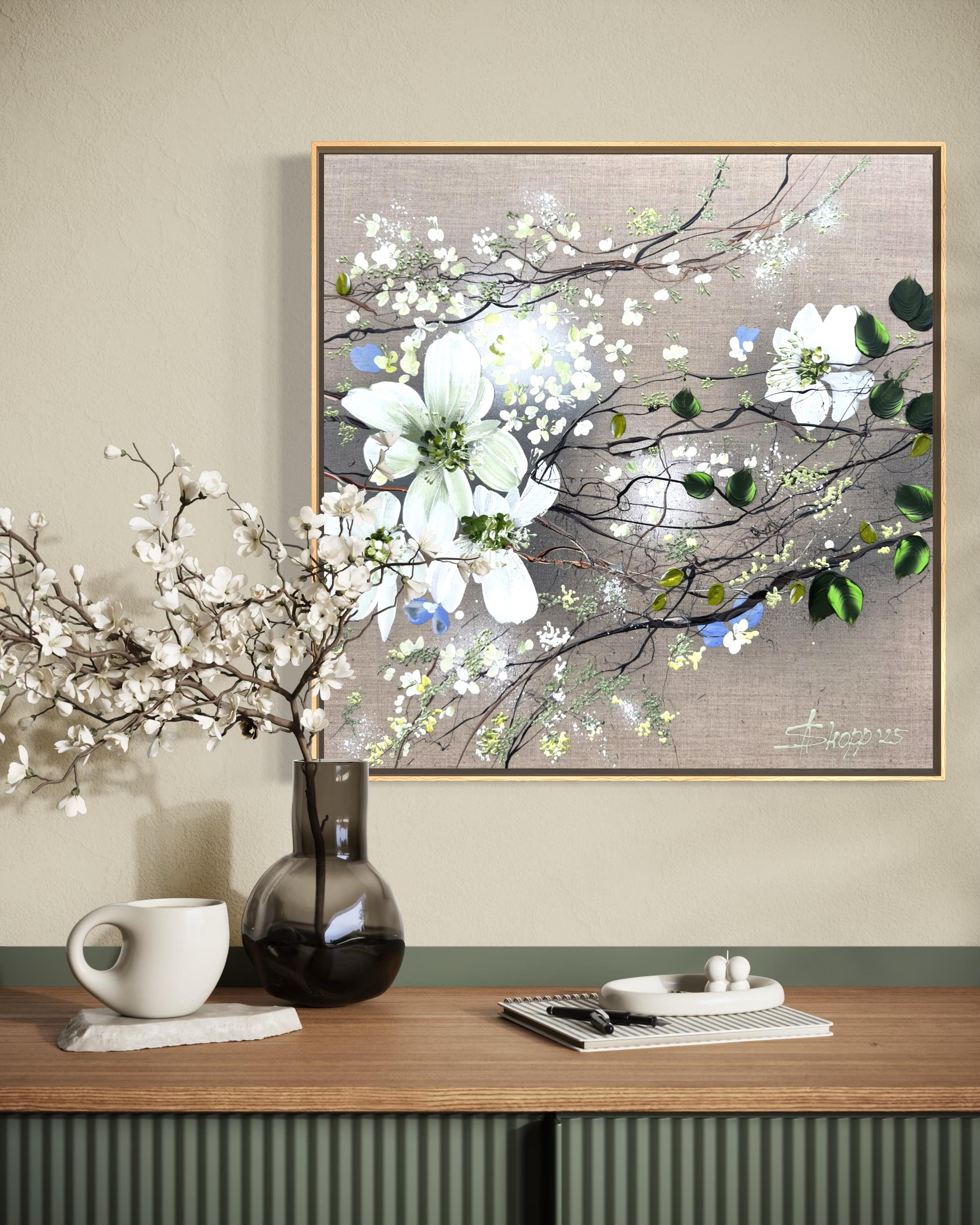 White Blooms - cuadro impresionista monocromo lienzo de lino 3d rosas en venta 3