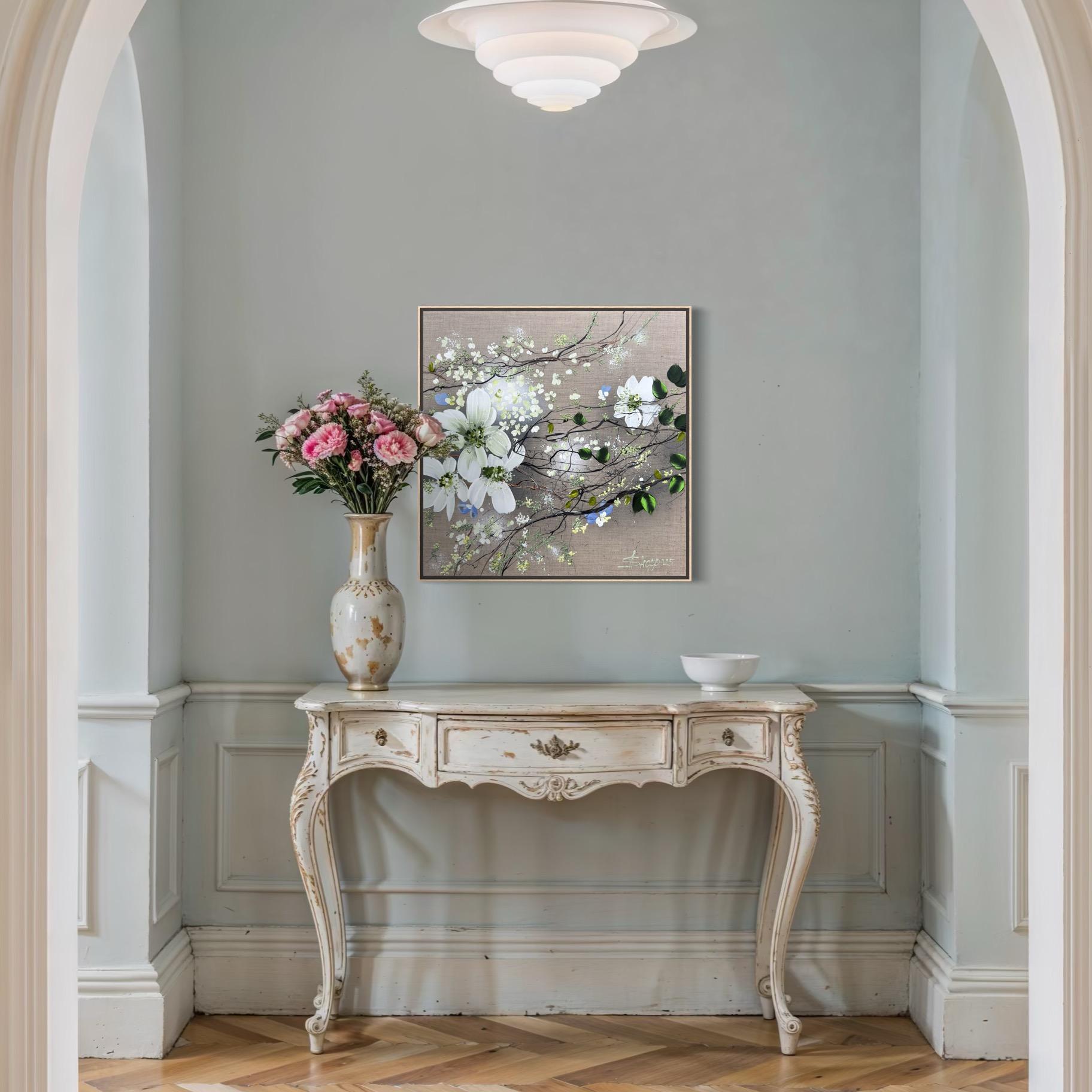 White Blooms - cuadro impresionista monocromo lienzo de lino 3d rosas en venta 4