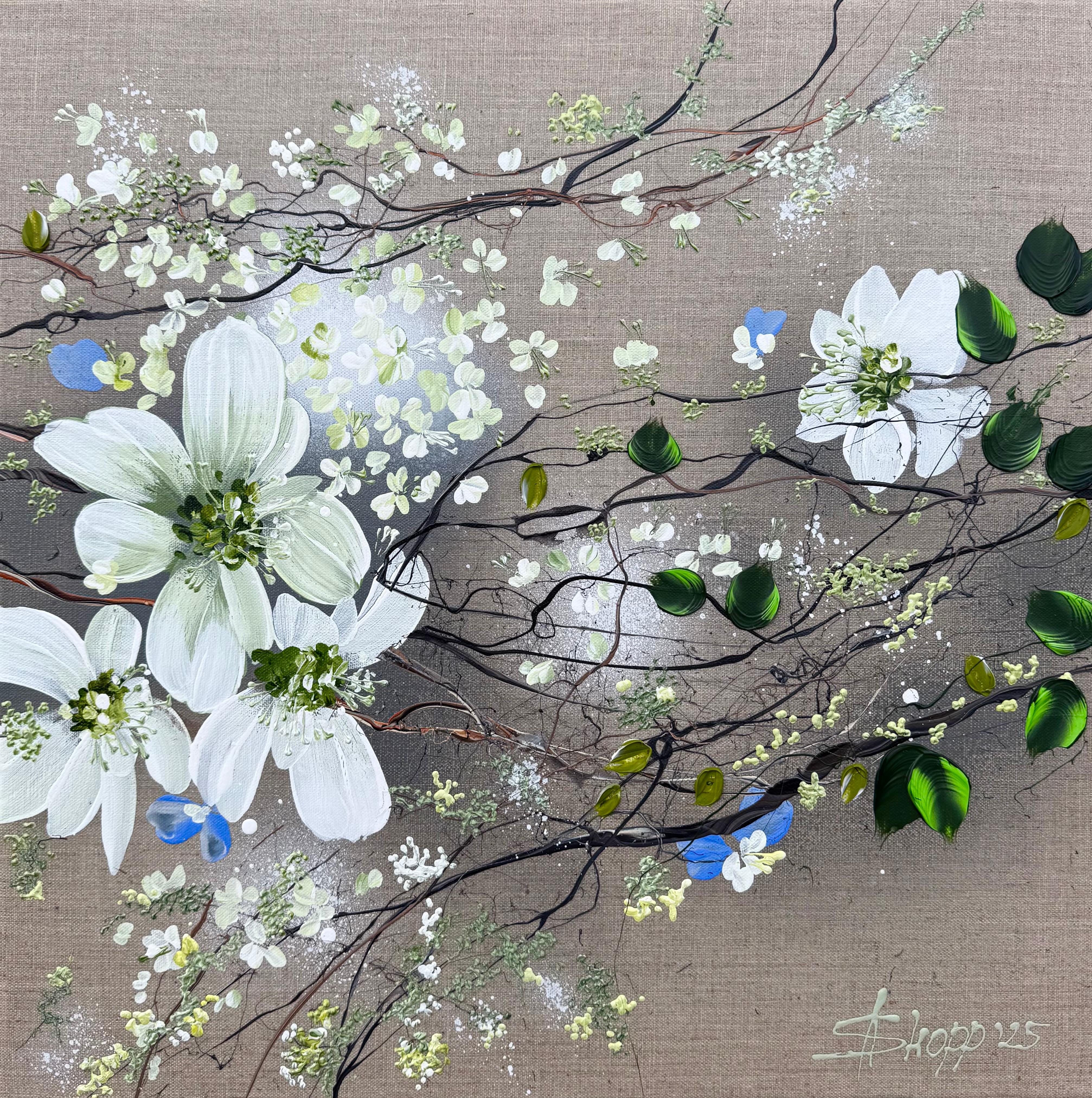 Abstract Painting de Anastassia Skopp - White Blooms - cuadro impresionista monocromo lienzo de lino 3d rosas