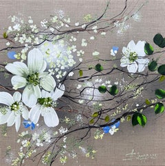 White Blooms - monochrome impressionistic painting linen canvas 3d roses