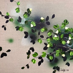 White Flowers - green impasto painting on linen canvas with 3d flowers