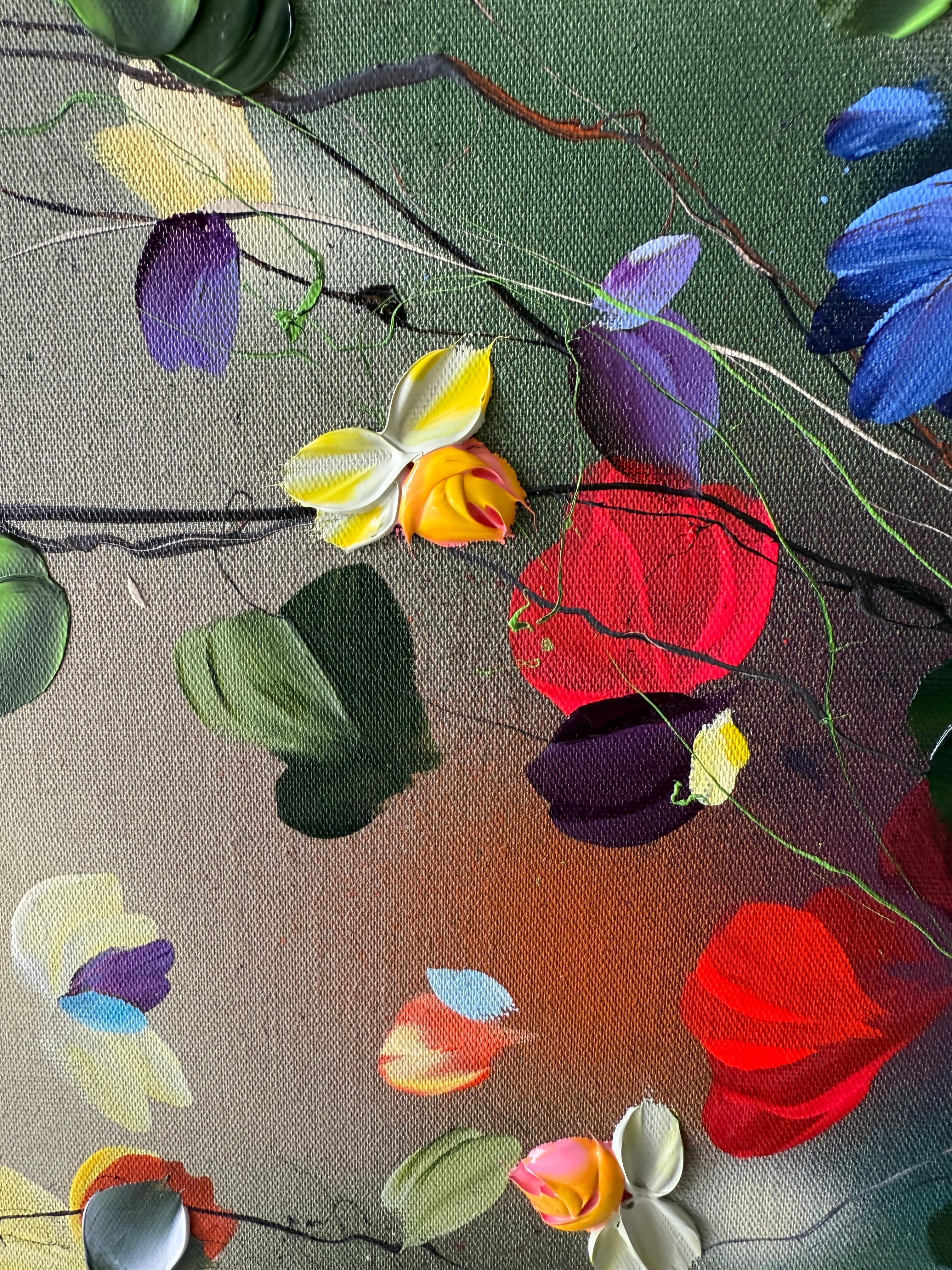 “Look at the flowers. It is simply unbelievable how happy flowers are.” – Osho

The diptych Wild Flowers consists of two panels, each measuring 100 x 40 x 4 cm (39.4 x 15.7 x 1.6 inches). Set against a natural linen background, lively floral
