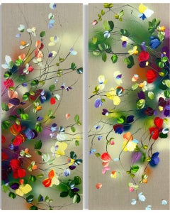 "Wild Flowers"  large format,  colorful floral diptych on linen canvas, 3d art