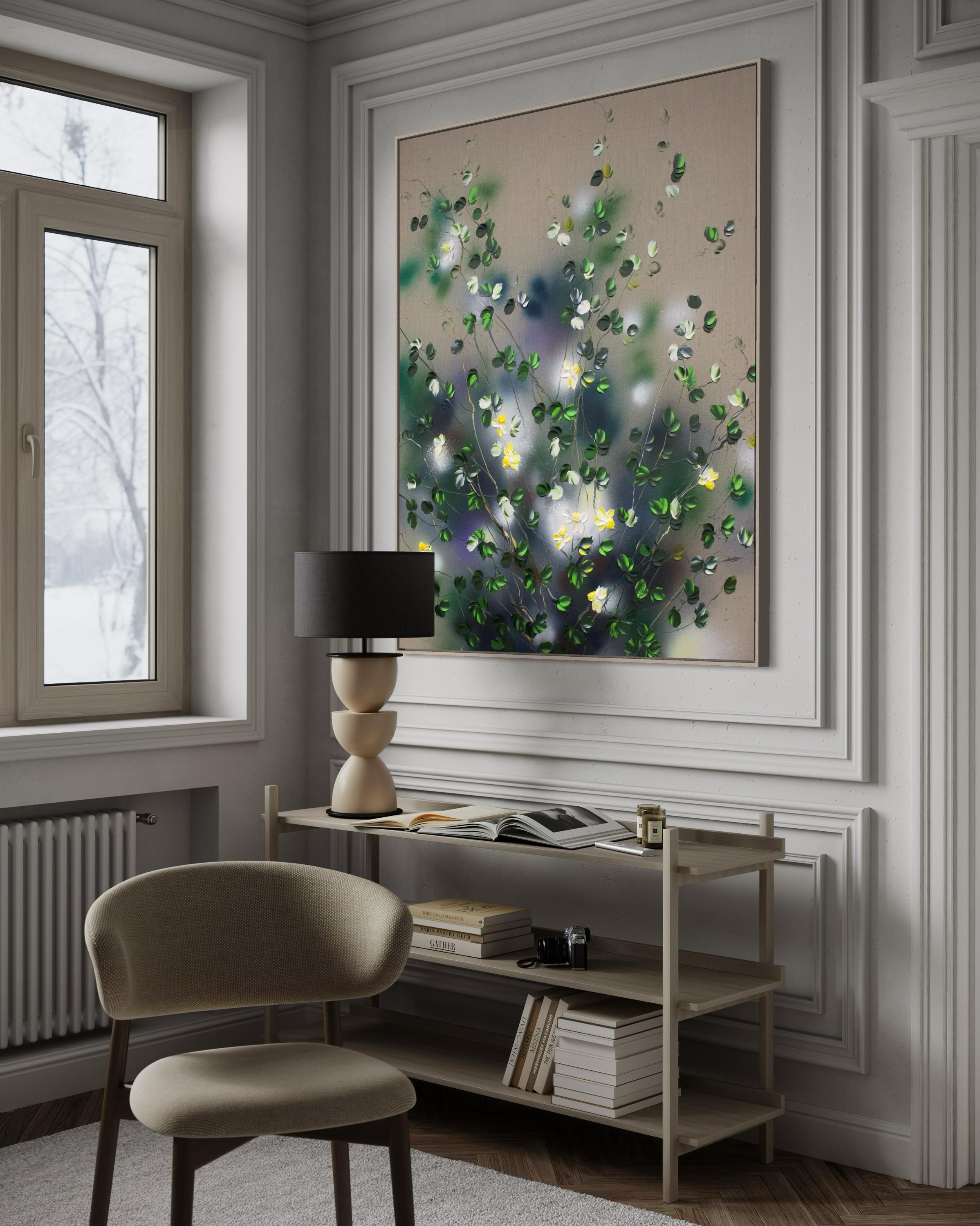 Fleurs jaunes -  Très grande peinture impressionniste sur toile de lin avec roses en vente 5